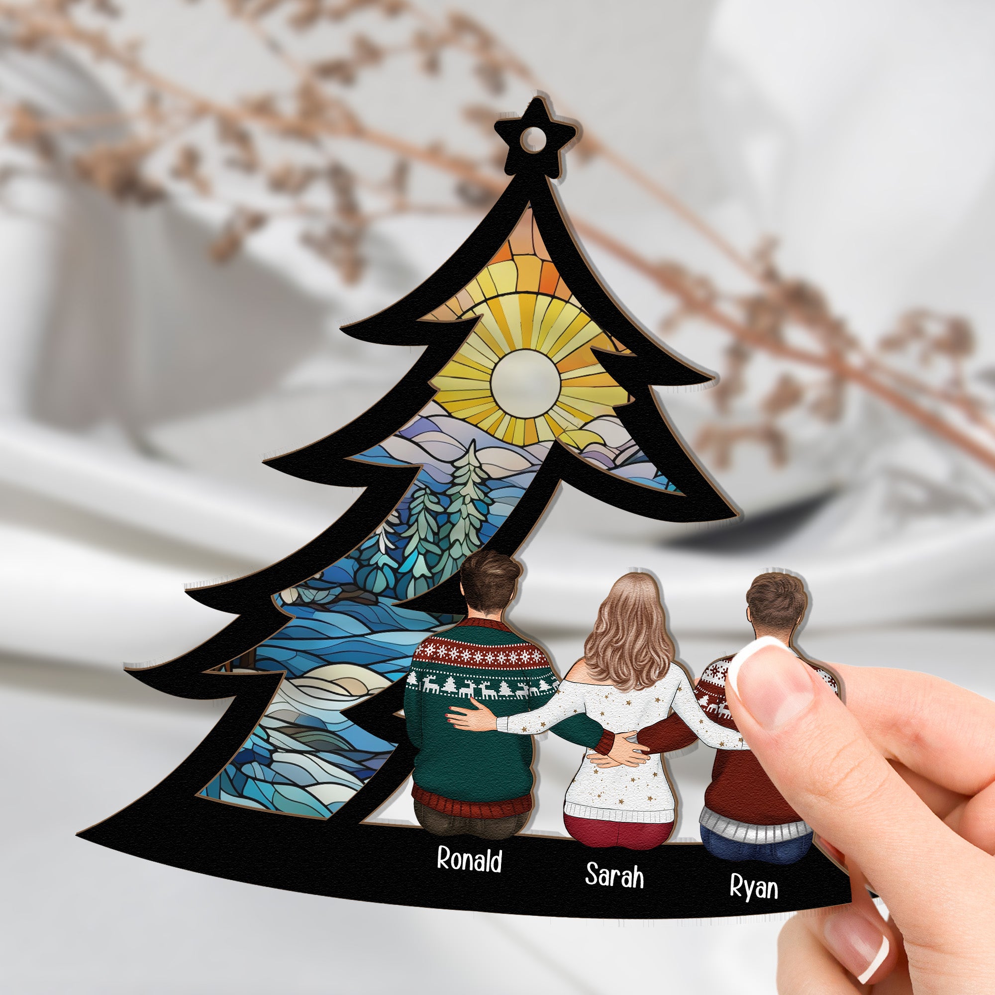 Family, Siblings Sitting Under Christmas Tree - Personalized Window Hanging Suncatcher Ornament