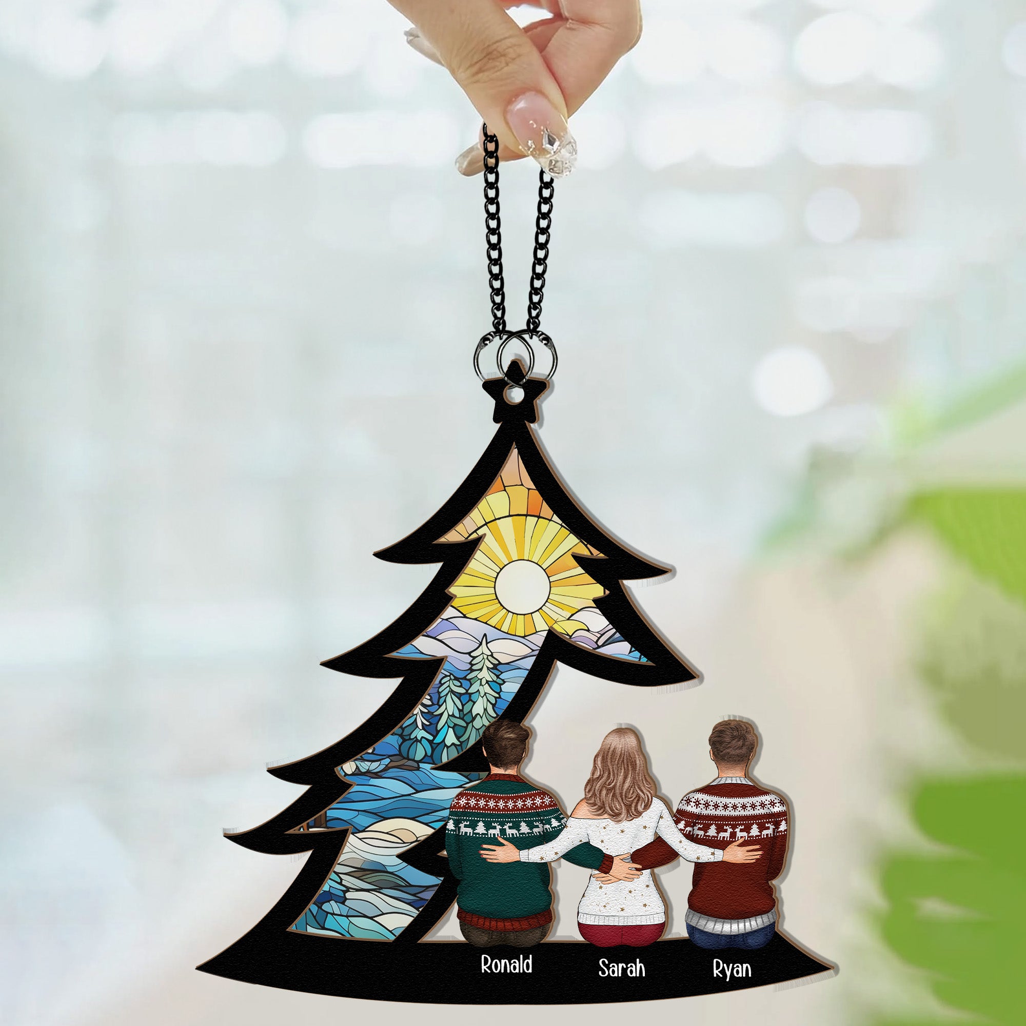 Family, Siblings Sitting Under Christmas Tree - Personalized Window Hanging Suncatcher Ornament