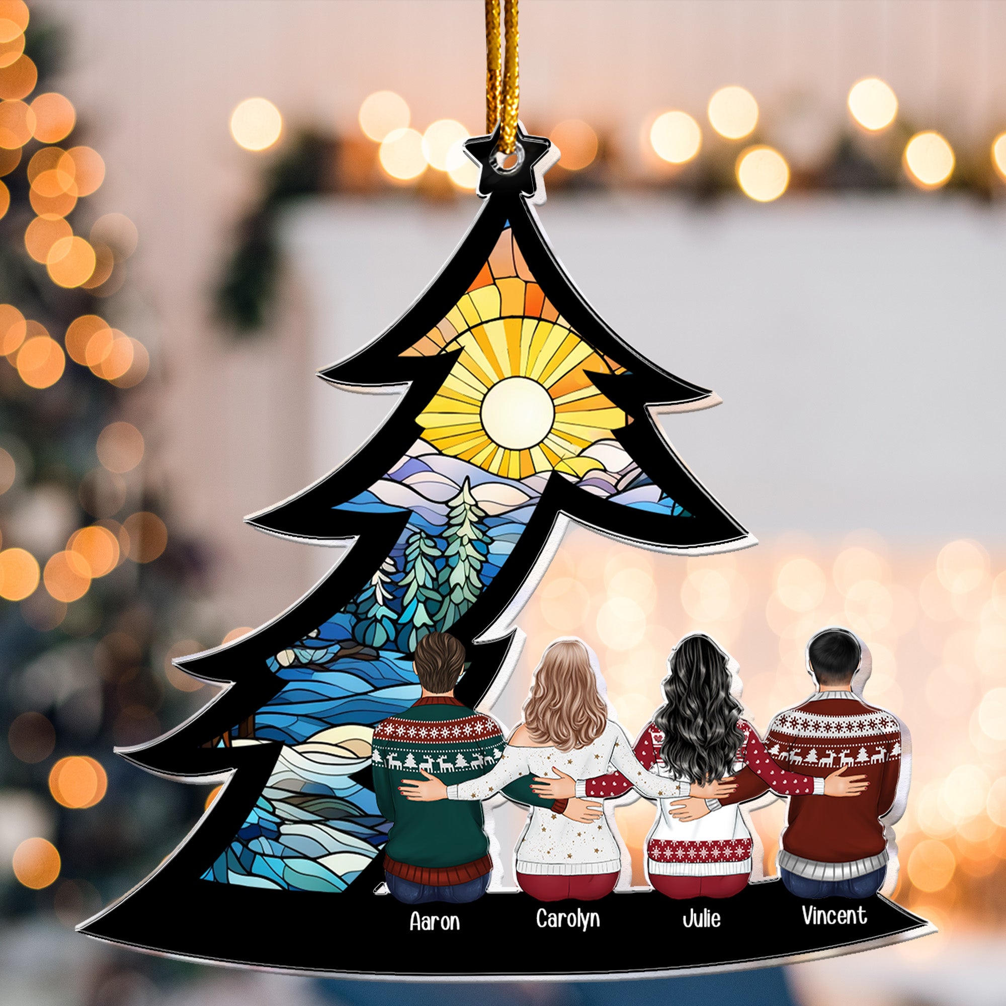 Family, Siblings, Friends Sitting Under Christmas Tree - Personalized Acrylic Ornament