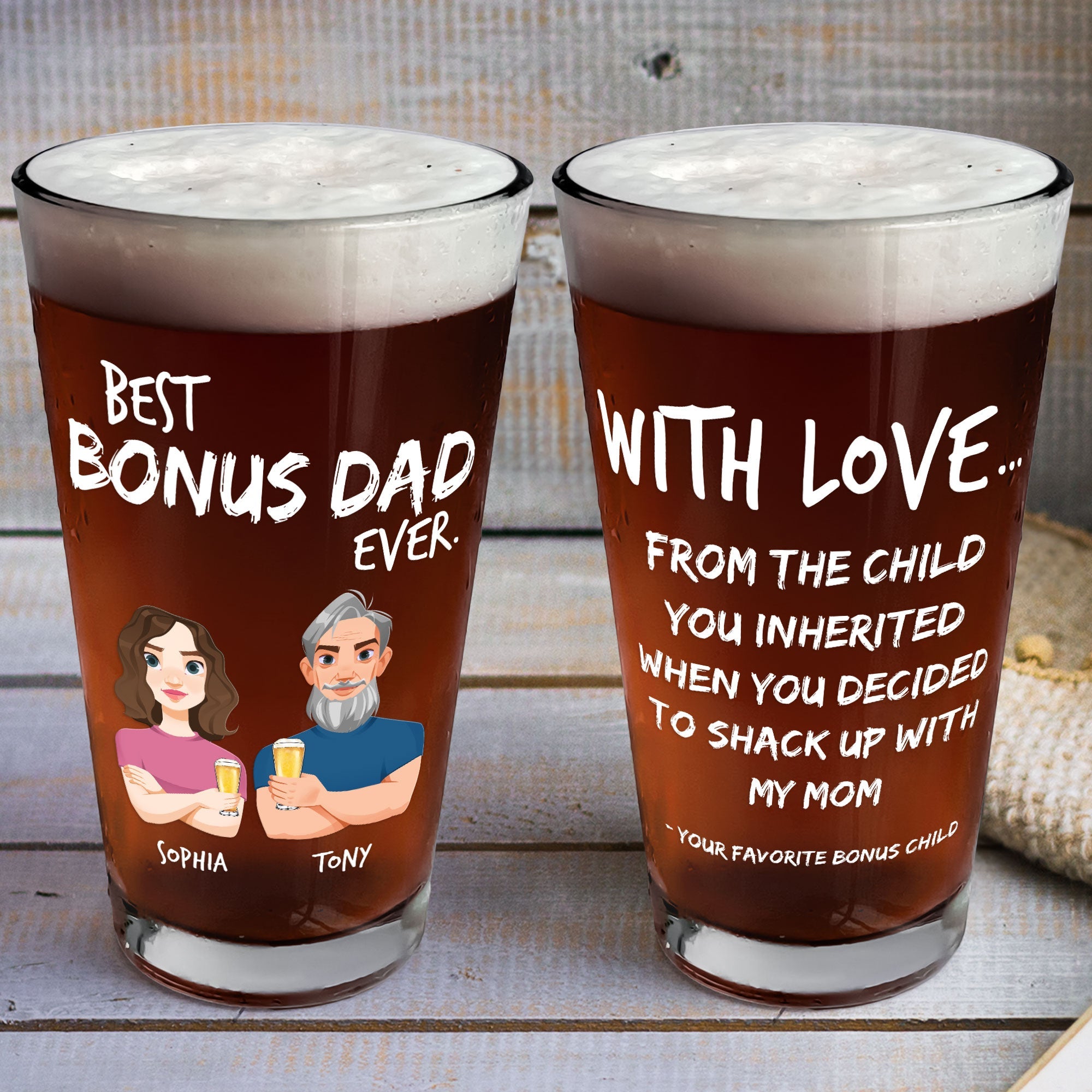 Father's Day Gift With Love Best Bonus Dad Ever - Personalized Beer Glass