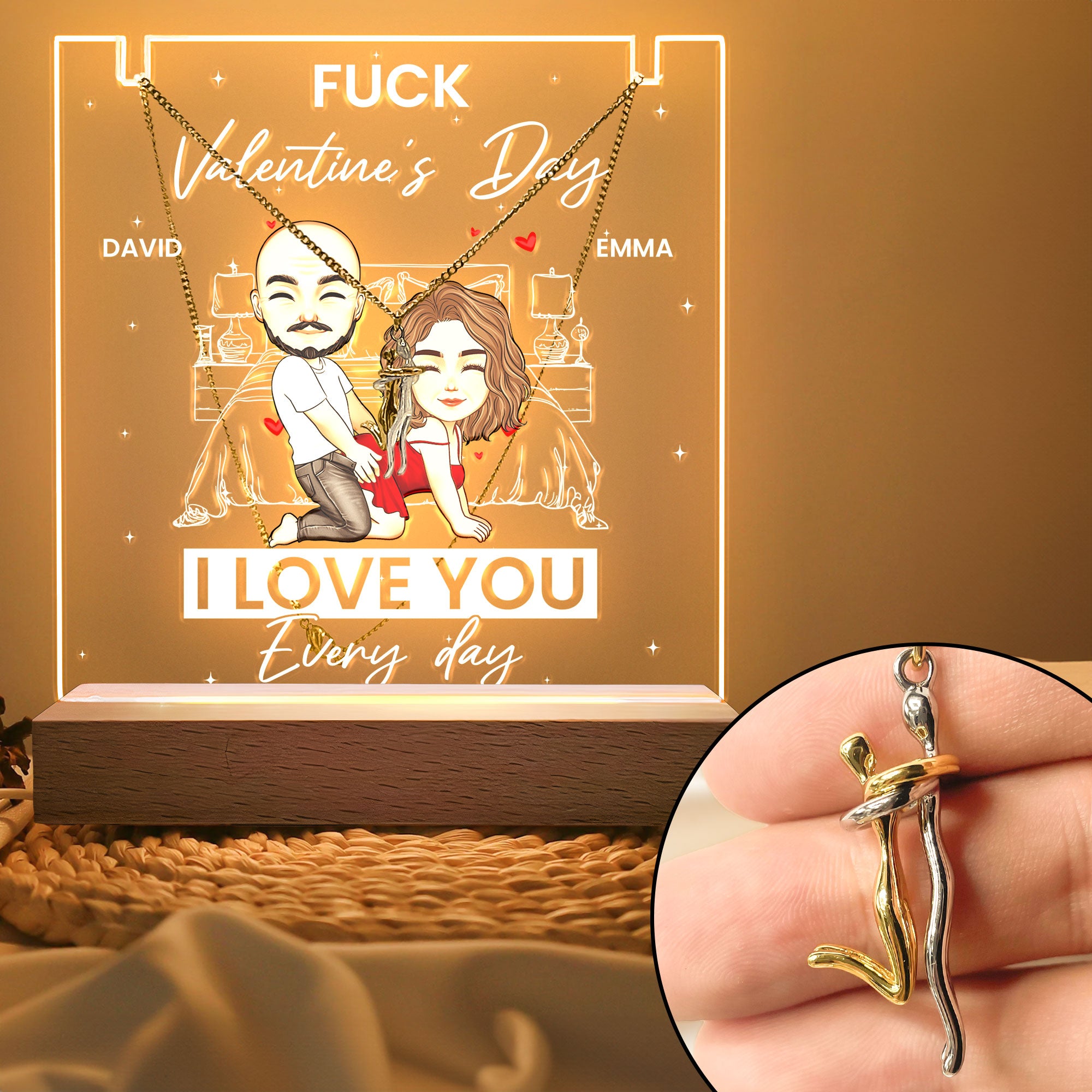 F*ck Valentine's Day I Love You Every Day - Personalized LED Light Acrylic Plaque With Couple Necklace