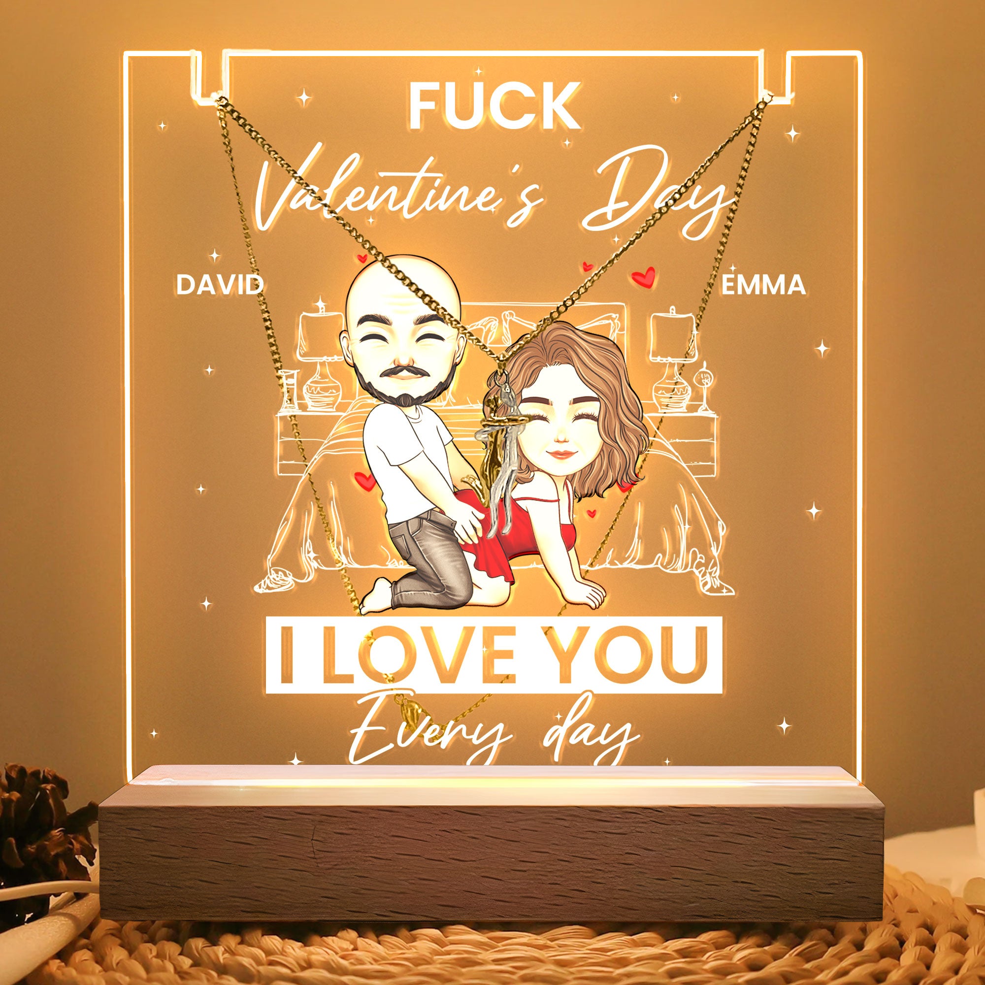 F*ck Valentine's Day I Love You Every Day - Personalized LED Light Acrylic Plaque With Couple Necklace