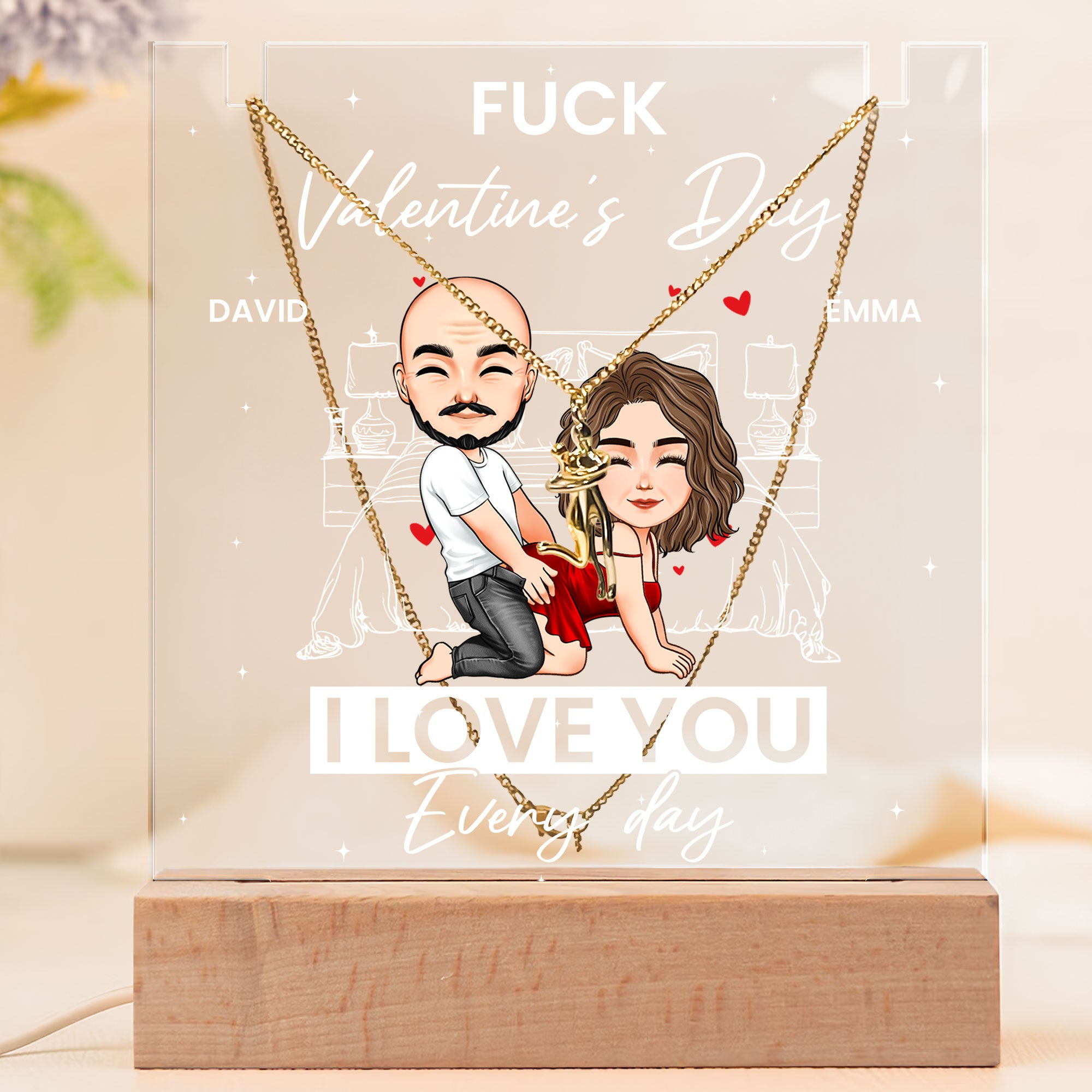 F*ck Valentine's Day I Love You Every Day - Personalized LED Light Acrylic Plaque With Couple Necklace