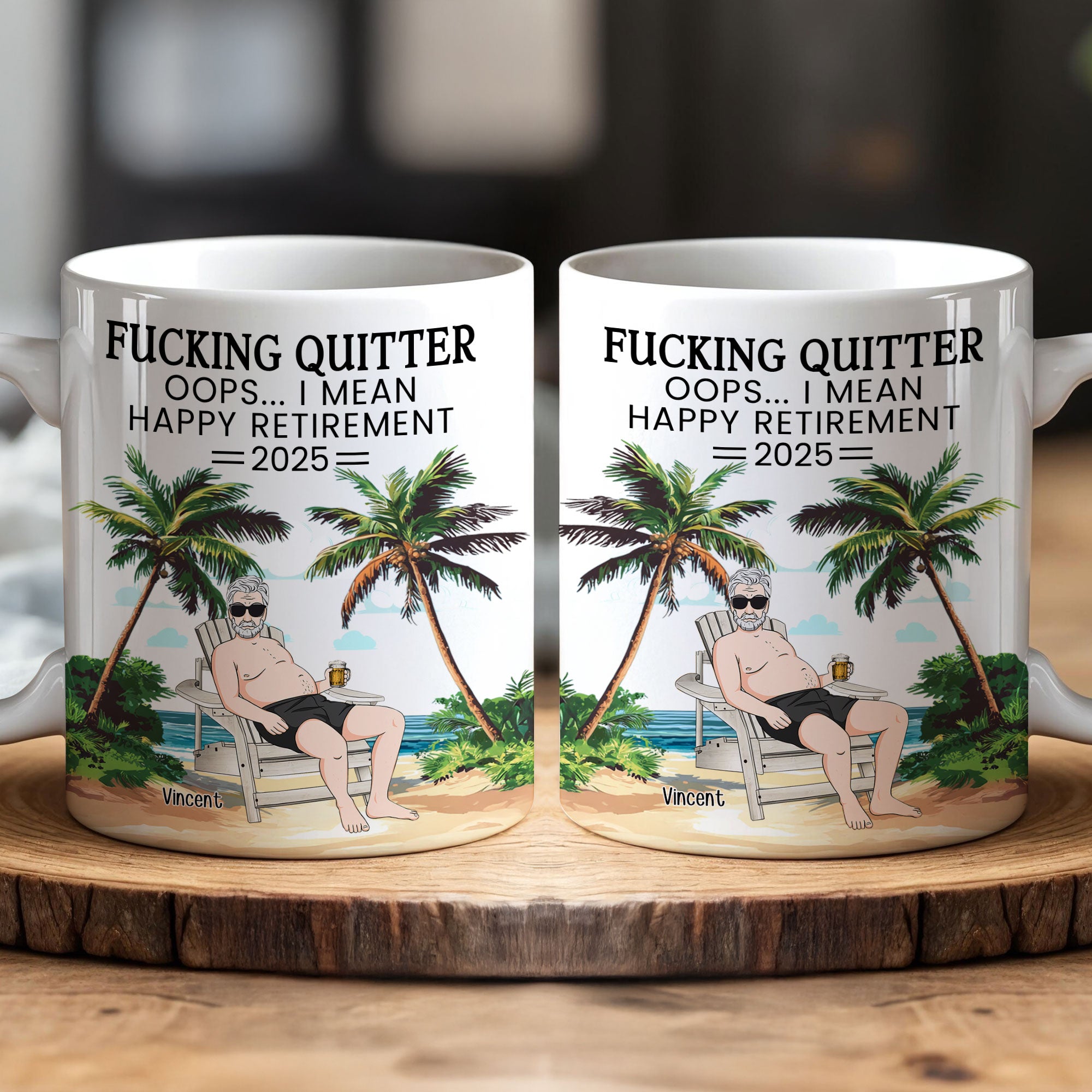 F*cking Quitter Oops I Mean Happy Retirement Beach Scene - Personalized Mug