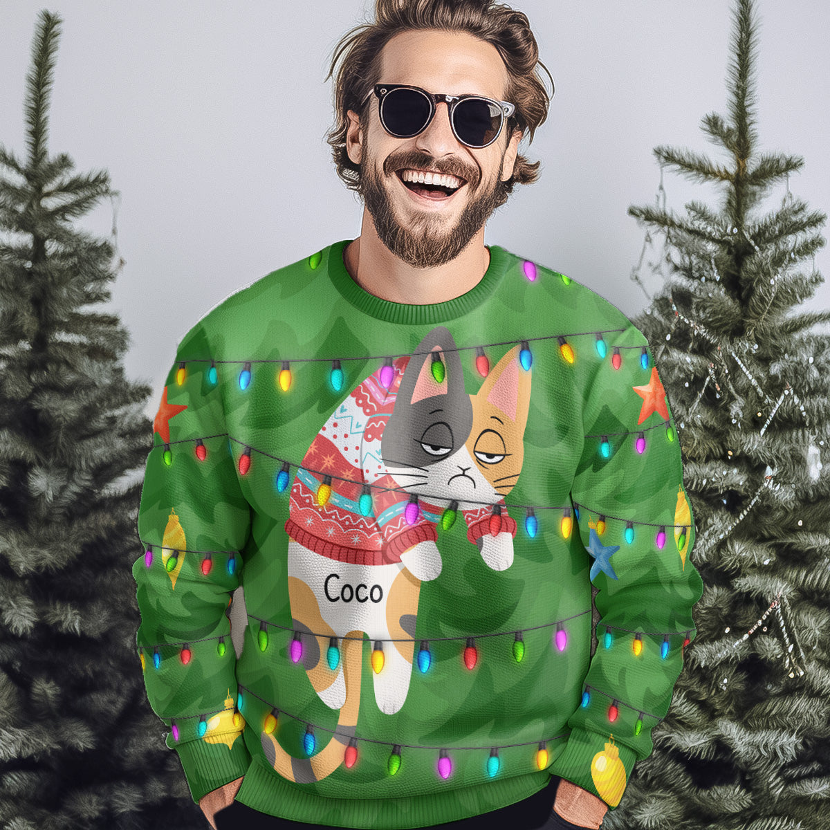 Festive Feline Tangle - Personalized Ugly Sweater