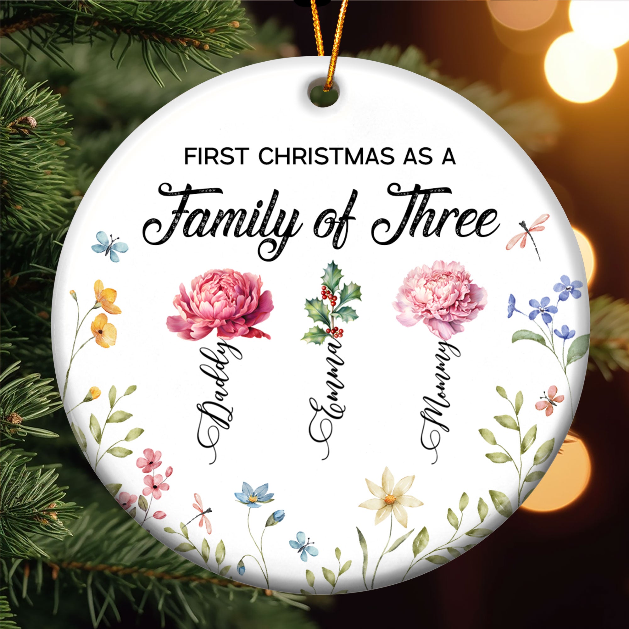 First Christmas As A Family Of Three Birth Flowers - Personalized Ceramic Ornament