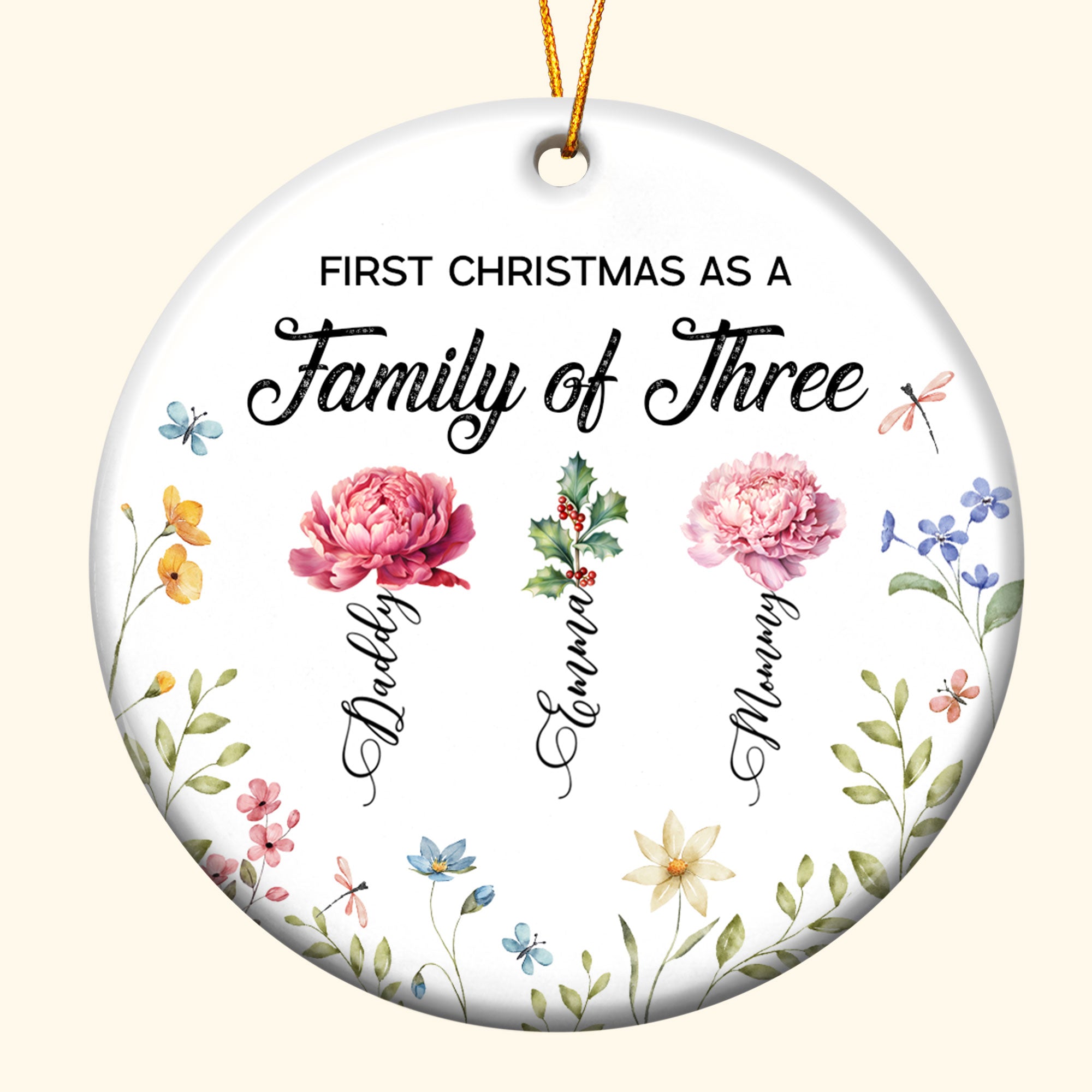 First Christmas As A Family Of Three Birth Flowers - Personalized Ceramic Ornament