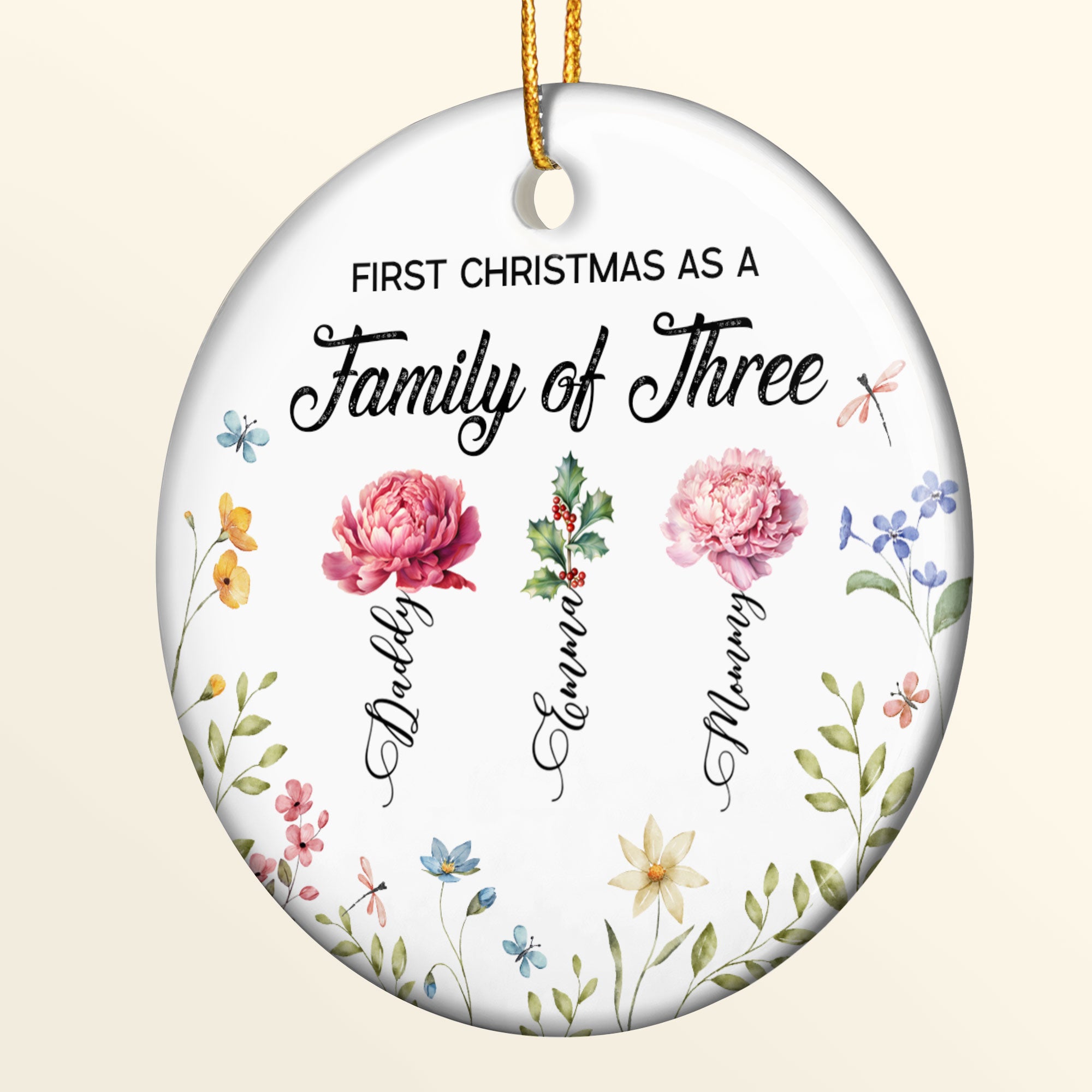 First Christmas As A Family Of Three Birth Flowers - Personalized Ceramic Ornament