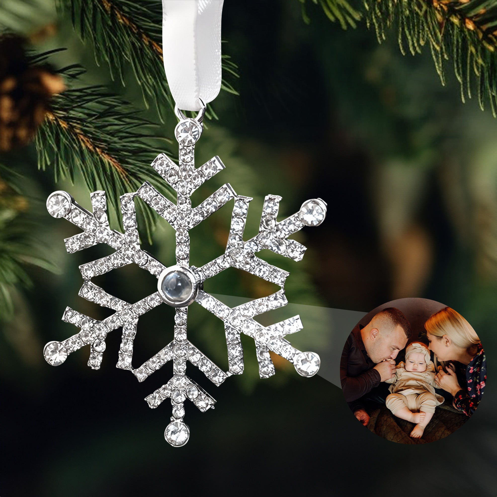 First Christmas As A Family Of Three - Custom Photo Projection Snowflake Ornament