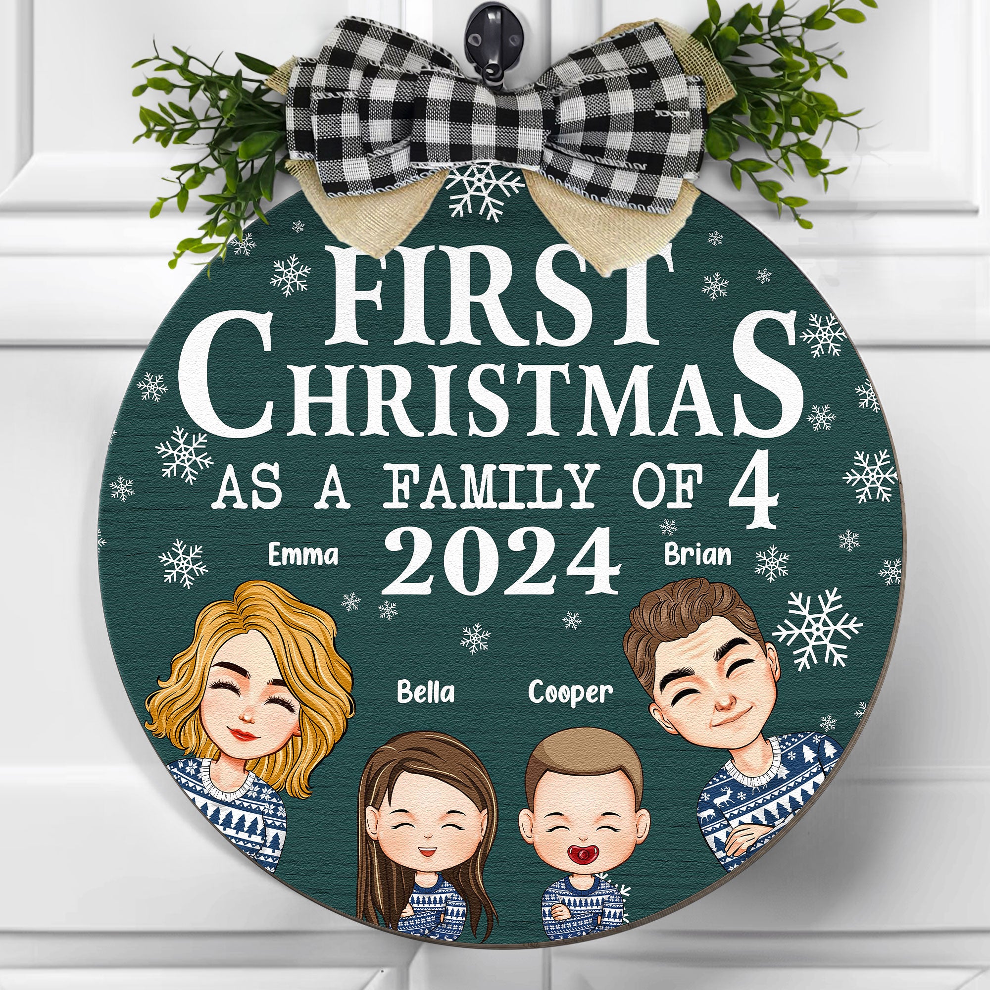 First Christmas As A Family With Children - Personalized Wood Wreath