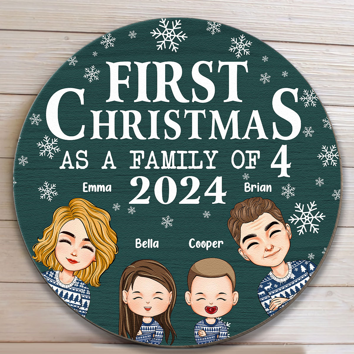 First Christmas As A Family With Children - Personalized Wood Wreath