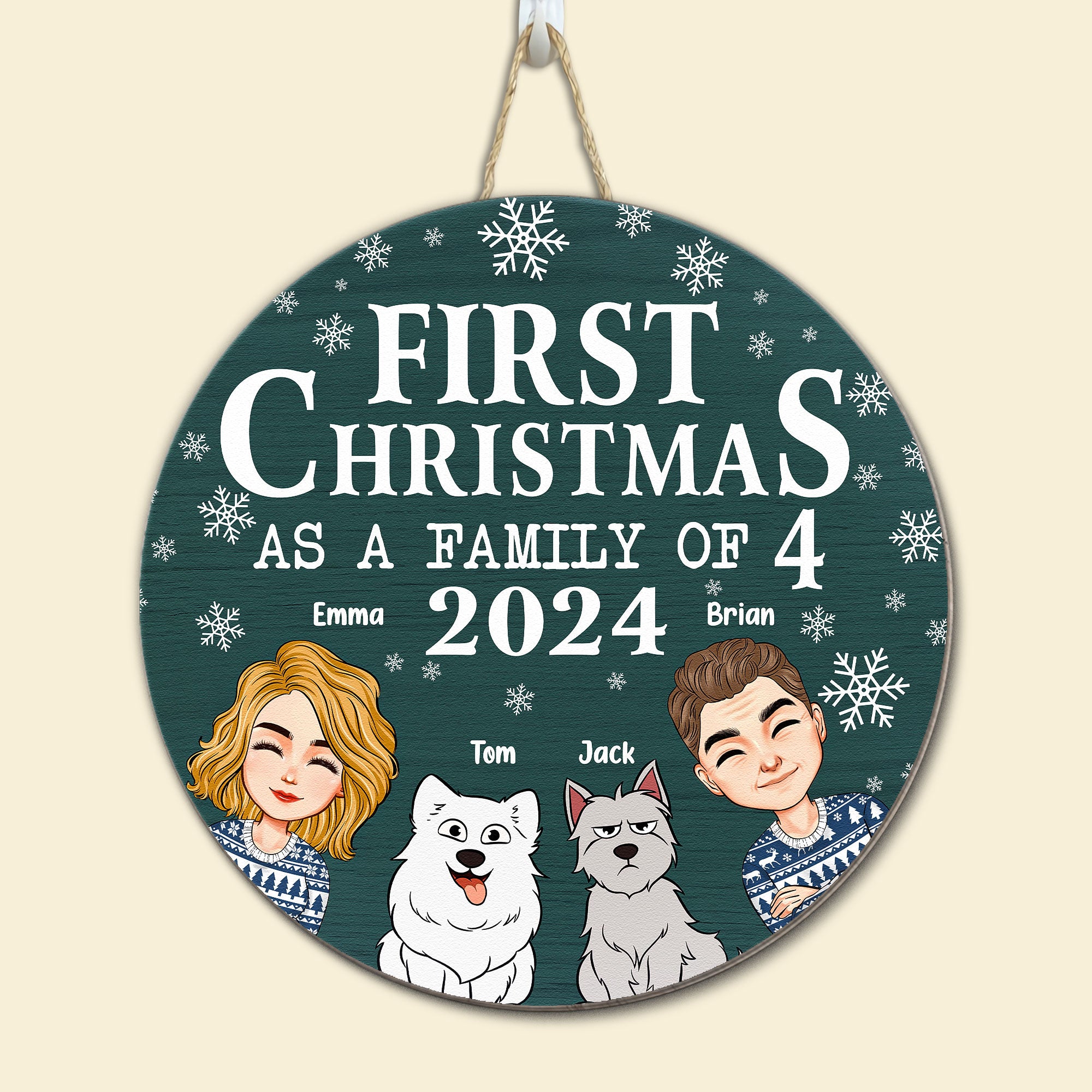 First Christmas As A Family With The Dogs - Personalized Wood Wreath