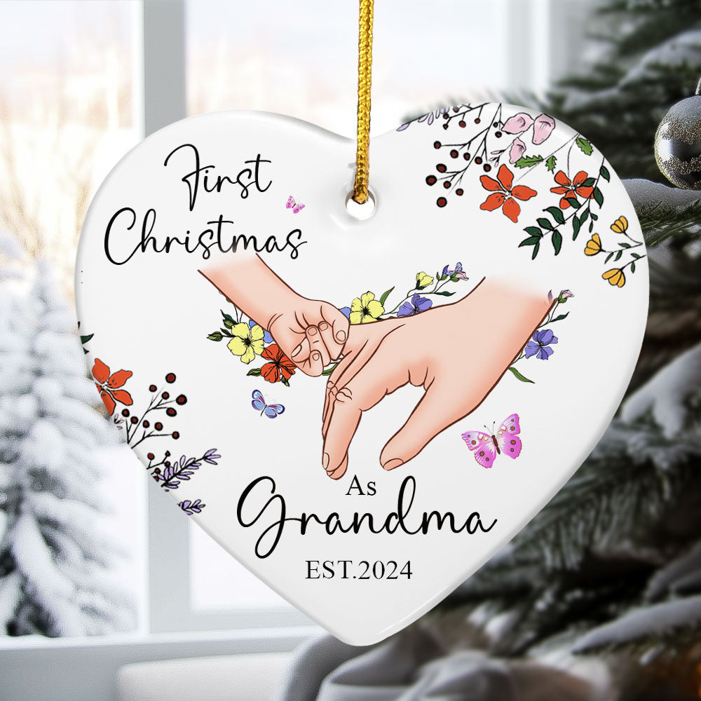 First Christmas As Grandma - Personalized Heart Shaped Ceramic Ornament