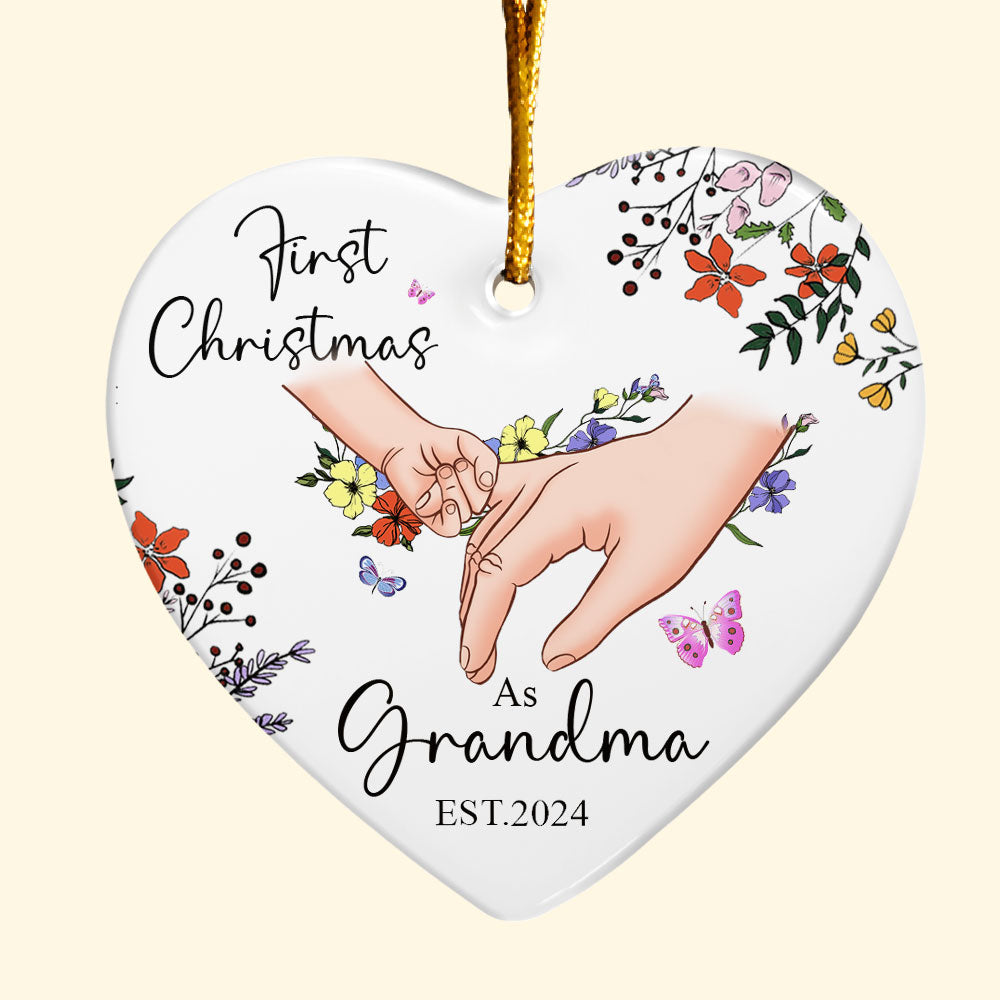 First Christmas As Grandma - Personalized Heart Shaped Ceramic Ornament