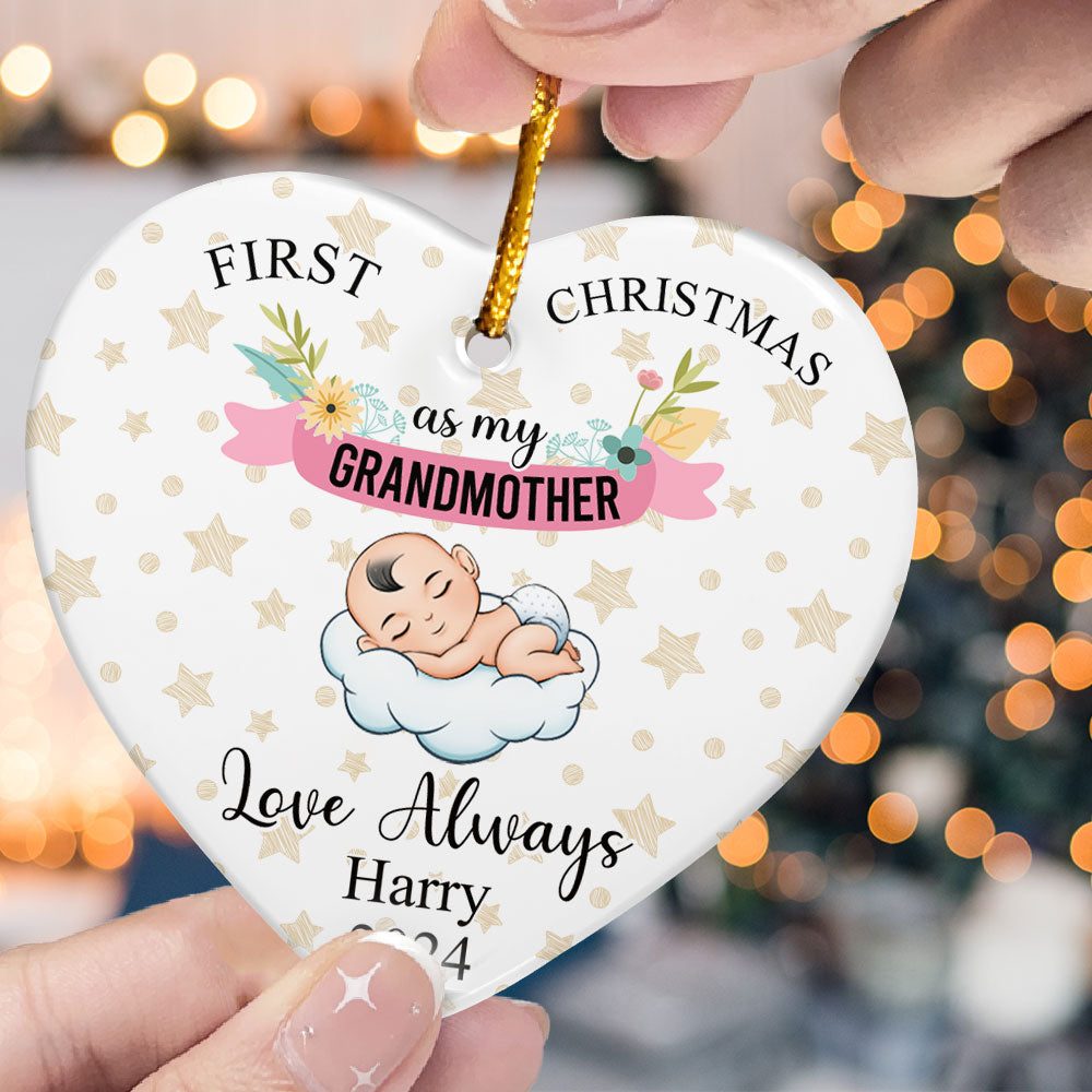 First Christmas As My Grandmother - Personalized Heart Shaped Ceramic Ornament