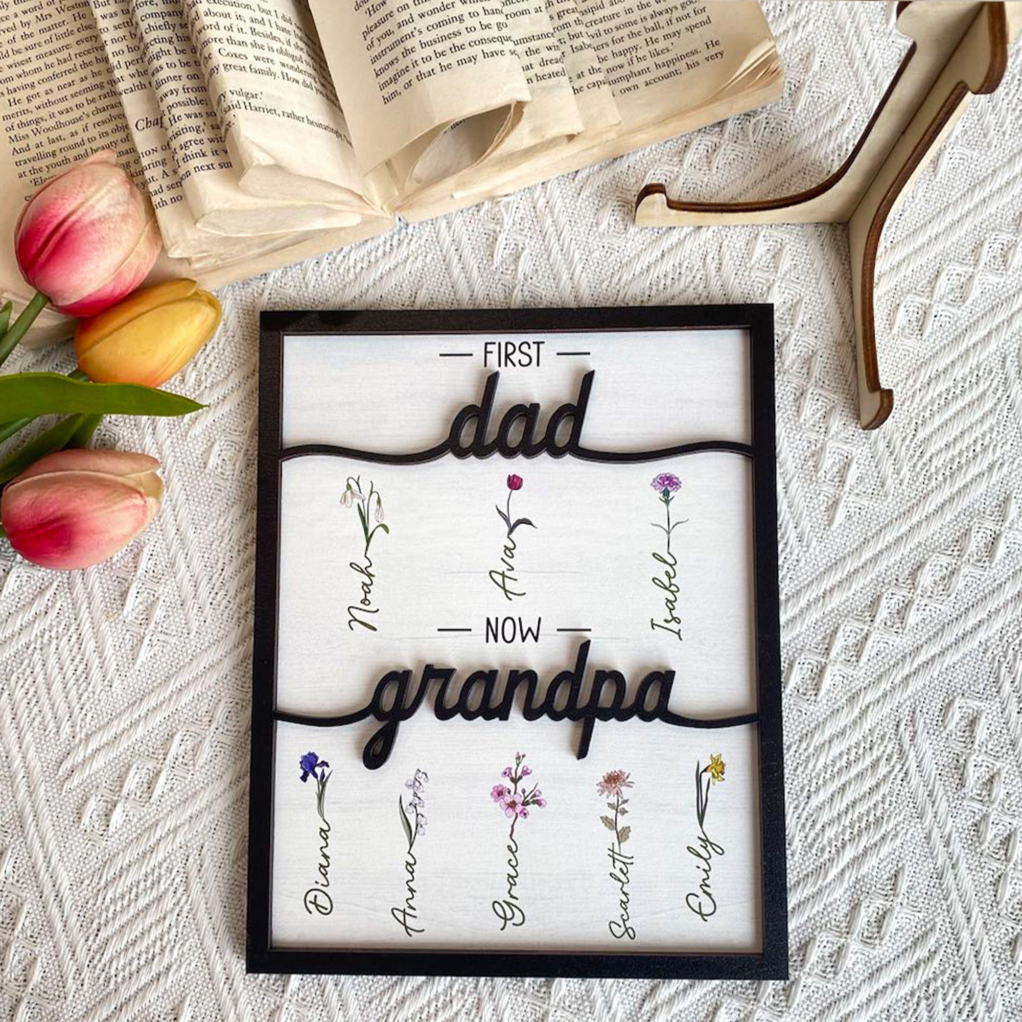 First Dad Now Grandpa With Flowers - Personalized Wooden Plaque