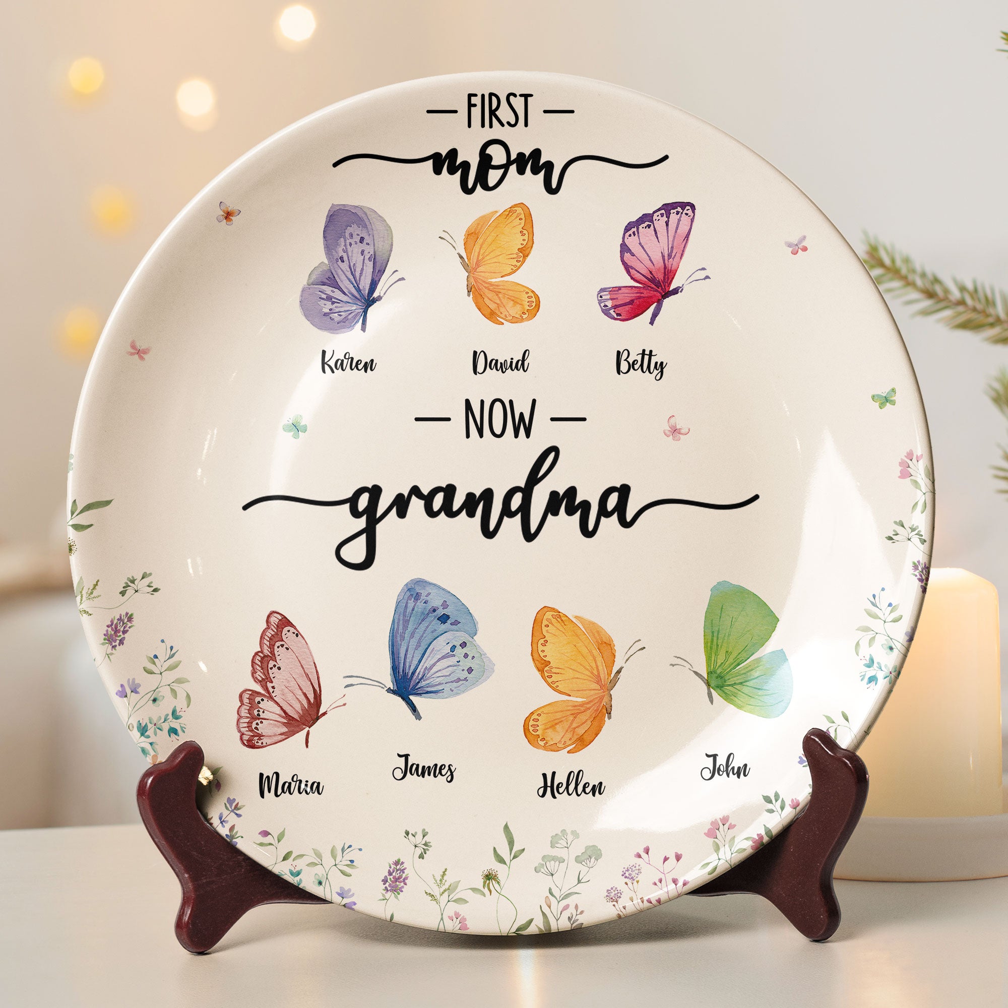 First Mom Now Grandma - Butterfly Version - Personalized Ceramic Plate