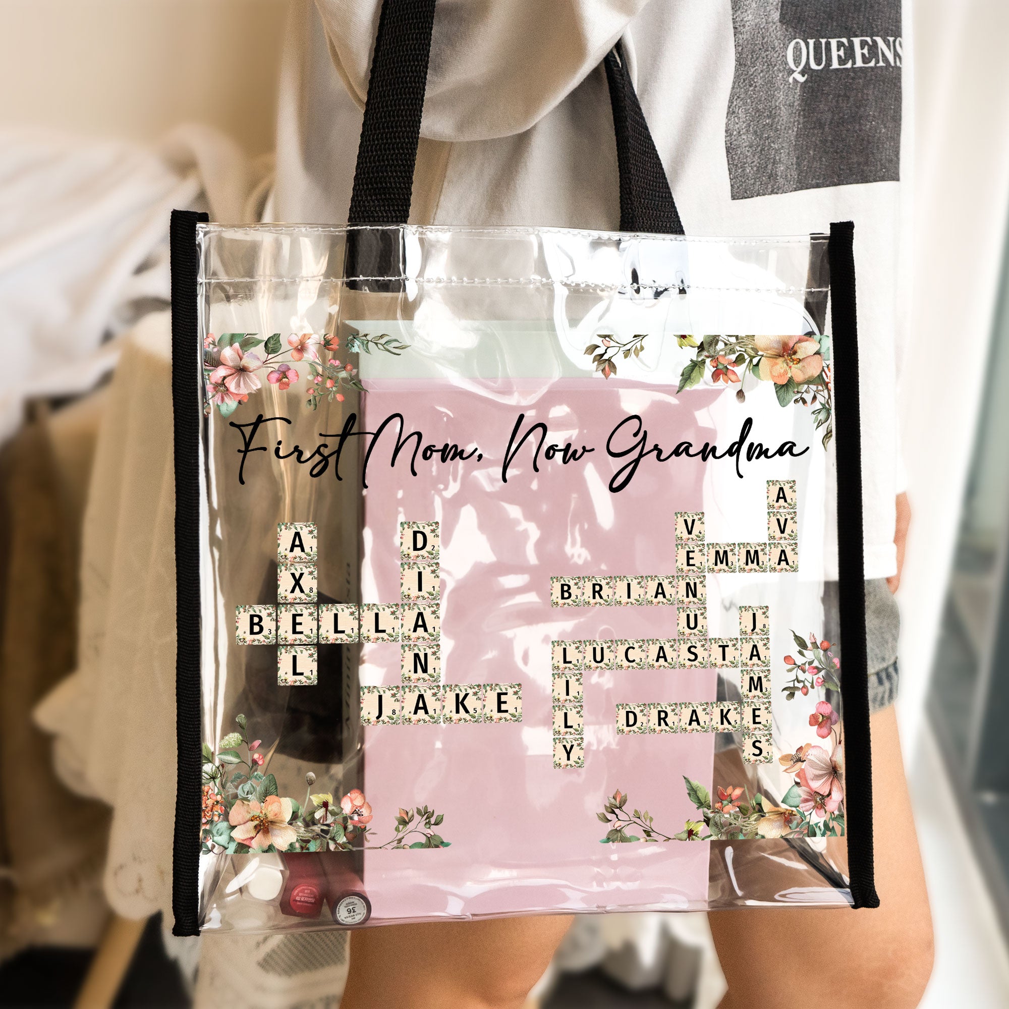 First Mom Now Grandma Floral Scrabble Name - Custom Clear Tote Bag