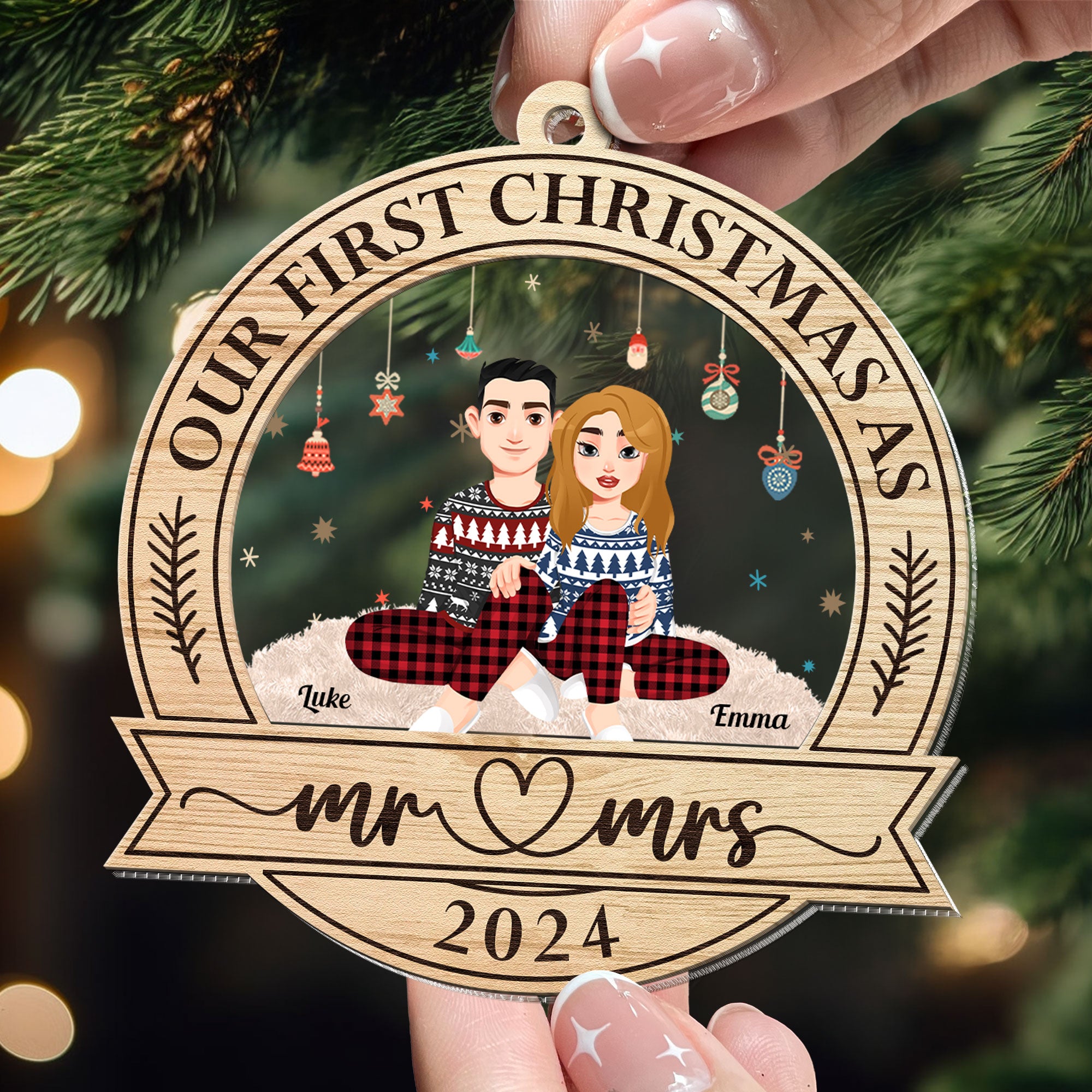 First Christmas As Mr & Mrs - Personalized Acrylic And Wood Ornament