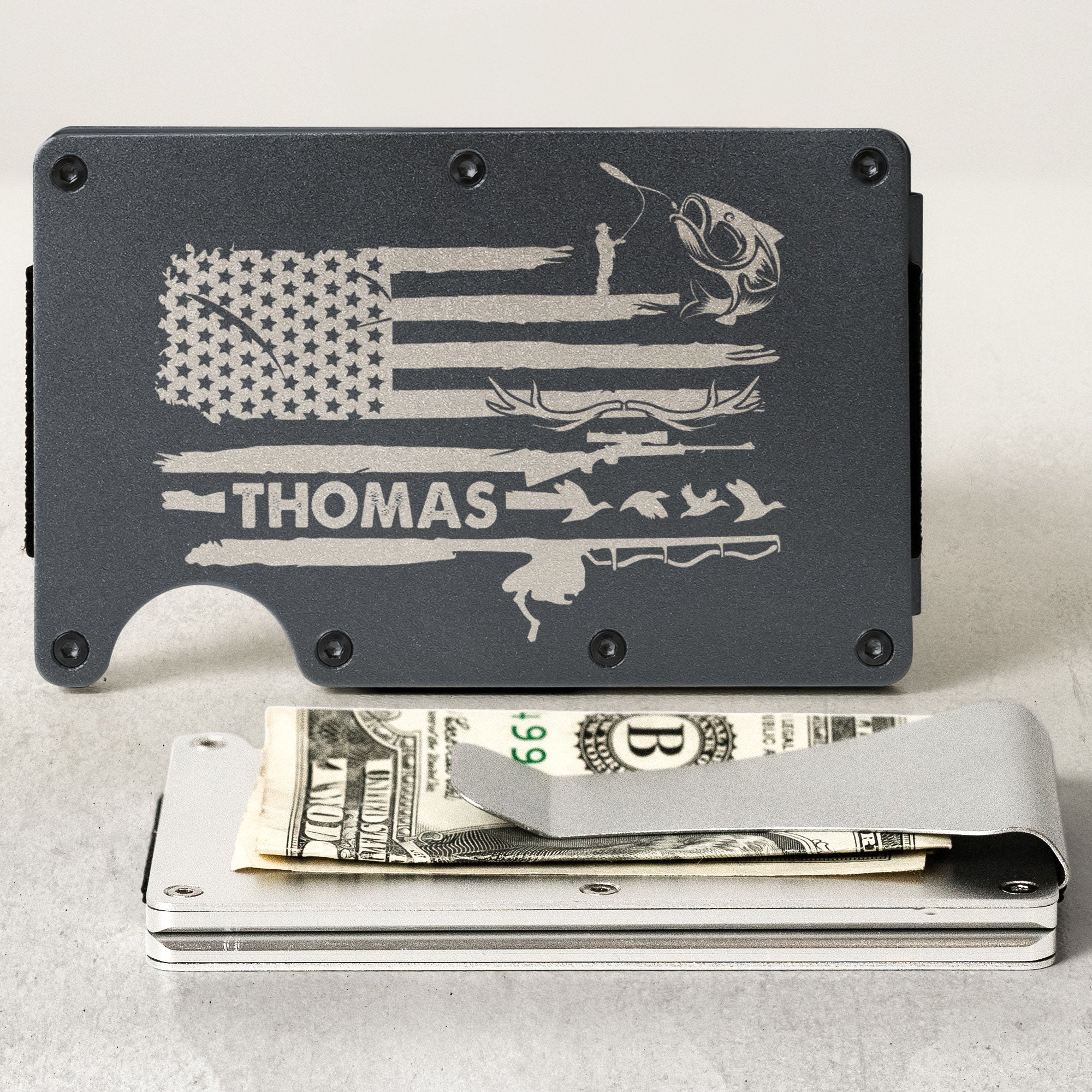 Fishing And Hunting American Flag - Personalized Metal Card Holder