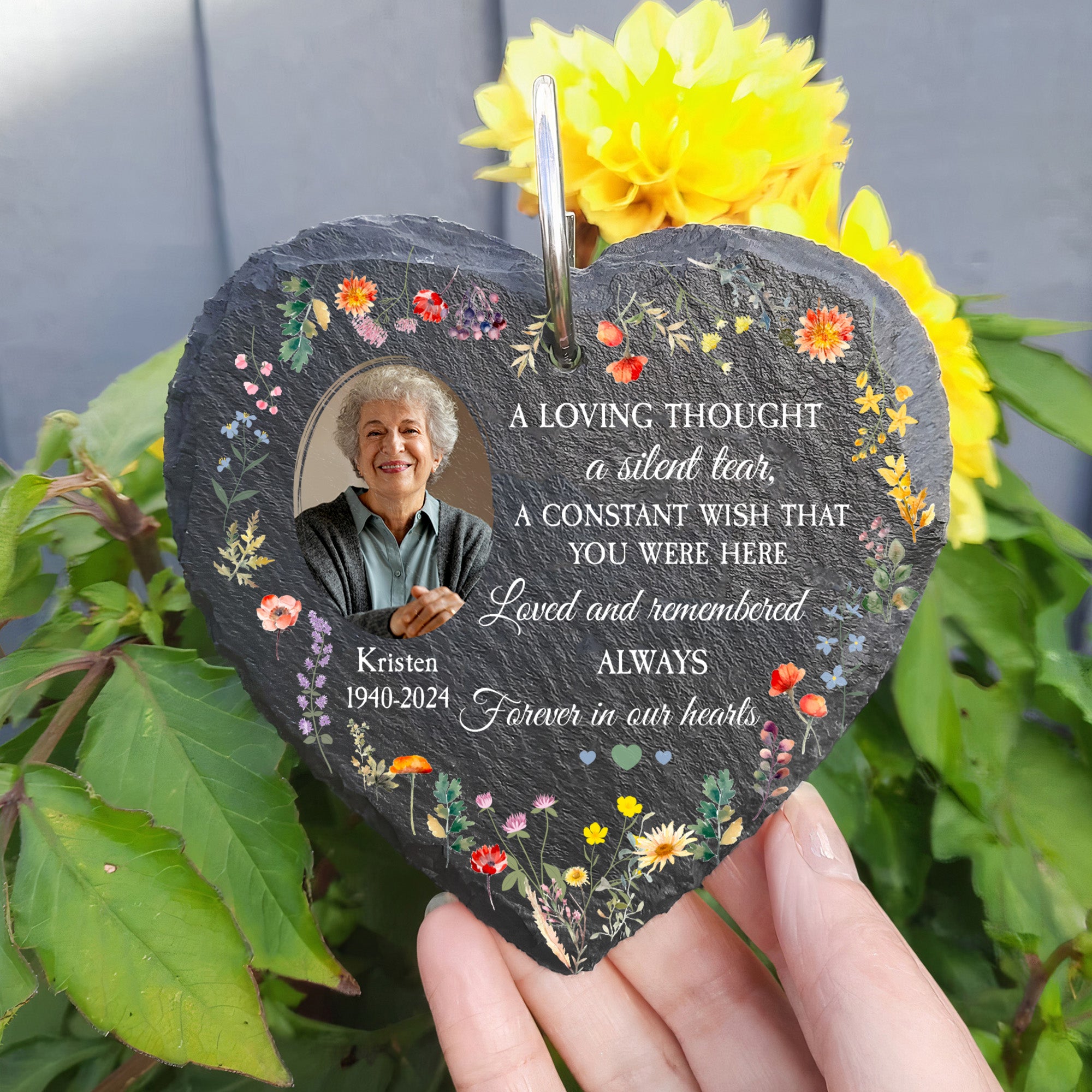 Forever In Our Hearts - Personalized Photo Memorial Garden Slate And Hook