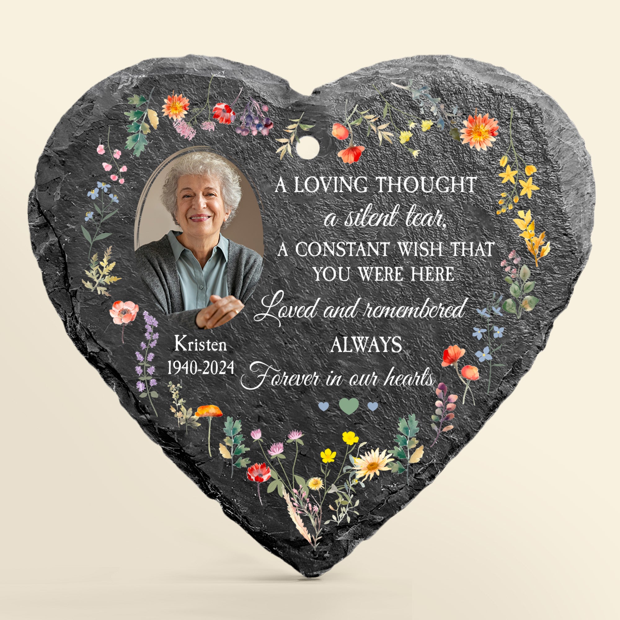 Forever In Our Hearts - Personalized Photo Memorial Garden Slate And Hook