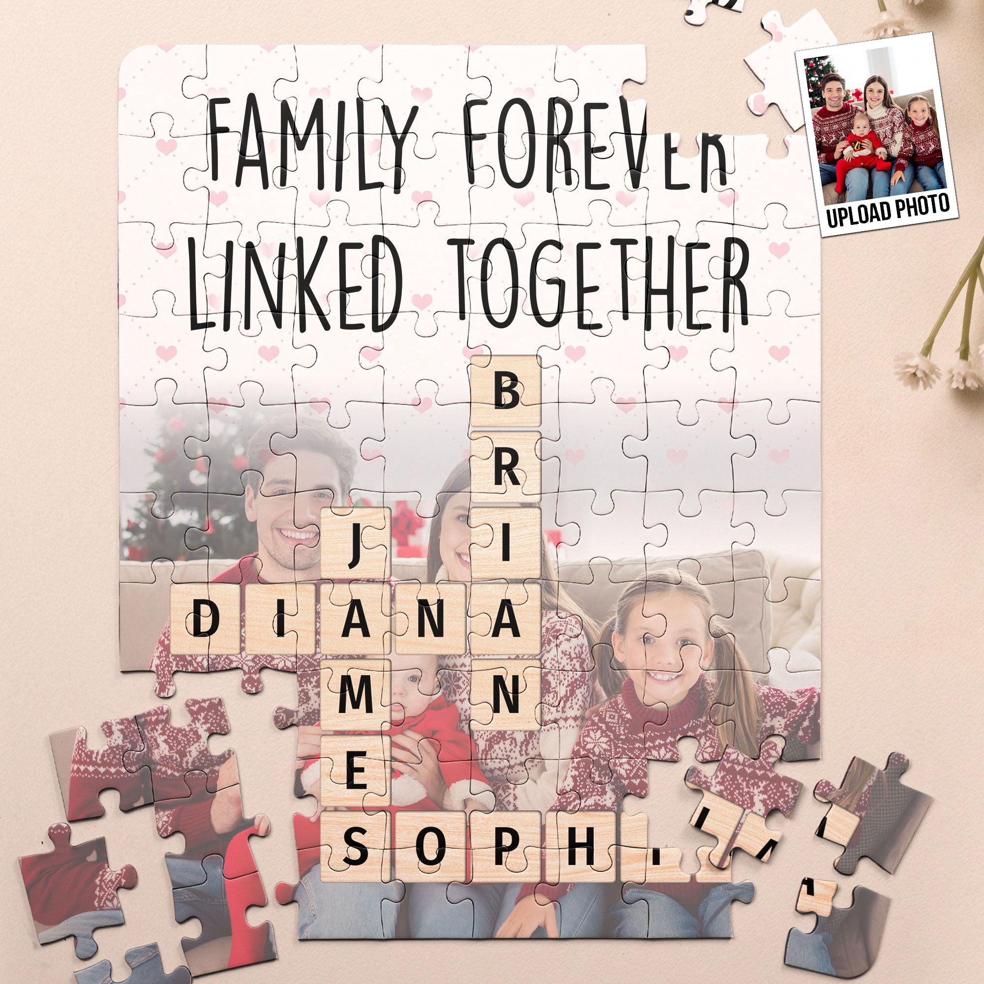 Forever Linked Together Family Scrabble Name - Personalized Photo Jigsaw Puzzle