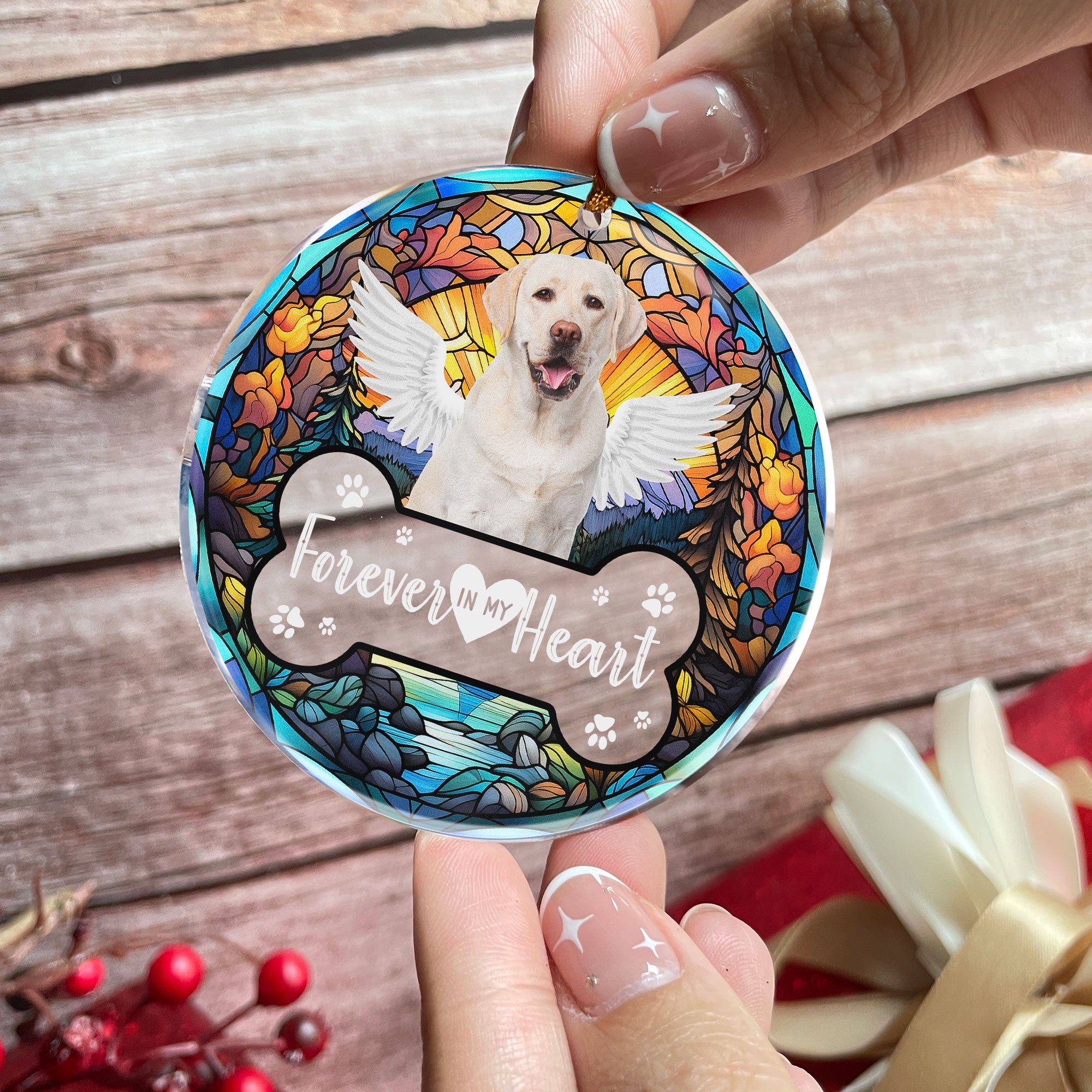 Forever In My Heart Pet Loss Stained Glass Style - Personalized Acrylic Photo Ornament