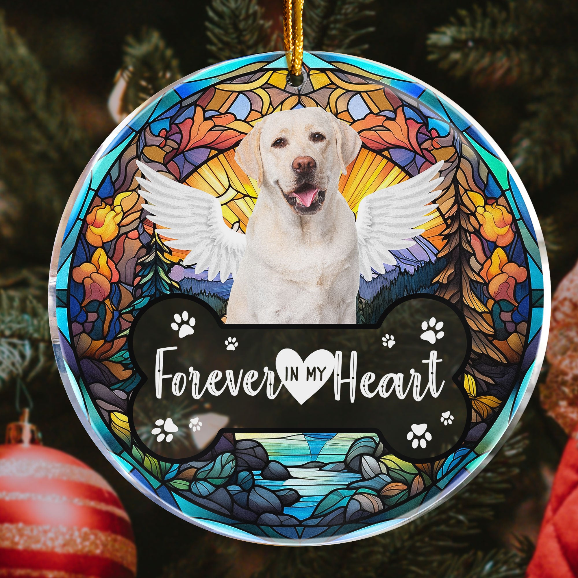 Forever In My Heart Pet Loss Stained Glass Style - Personalized Acrylic Photo Ornament