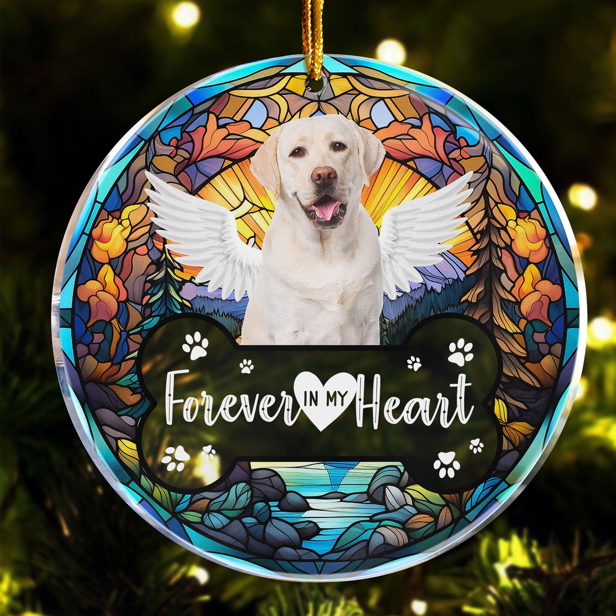 Forever In My Heart Pet Loss Stained Glass Style - Personalized Acrylic Photo Ornament