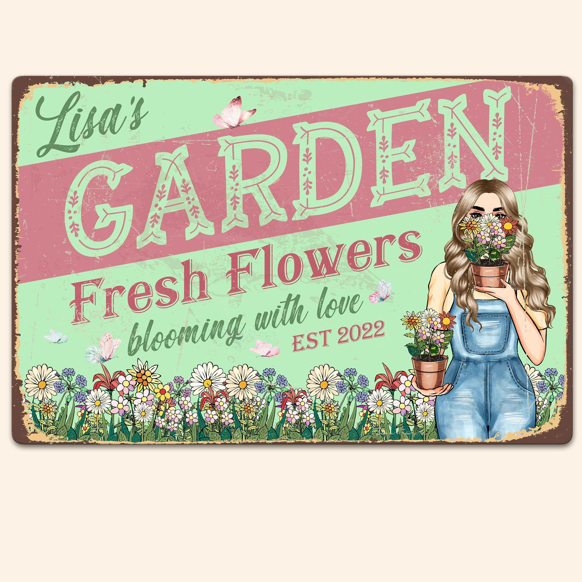 Fresh Flowers Blooming With Love - Personalized Metal Sign - Flower Garden