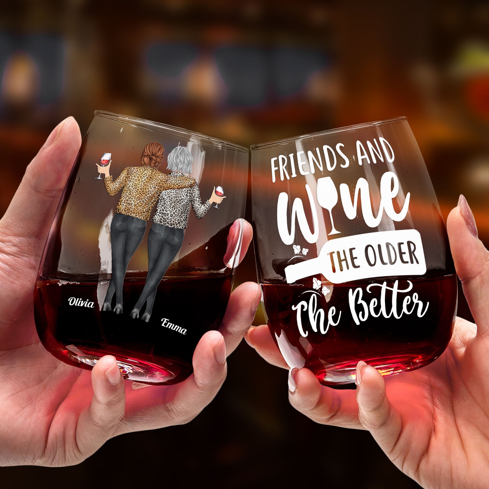 Friends And Wine, The Older The Better - Personalized Stemless Wine Glass