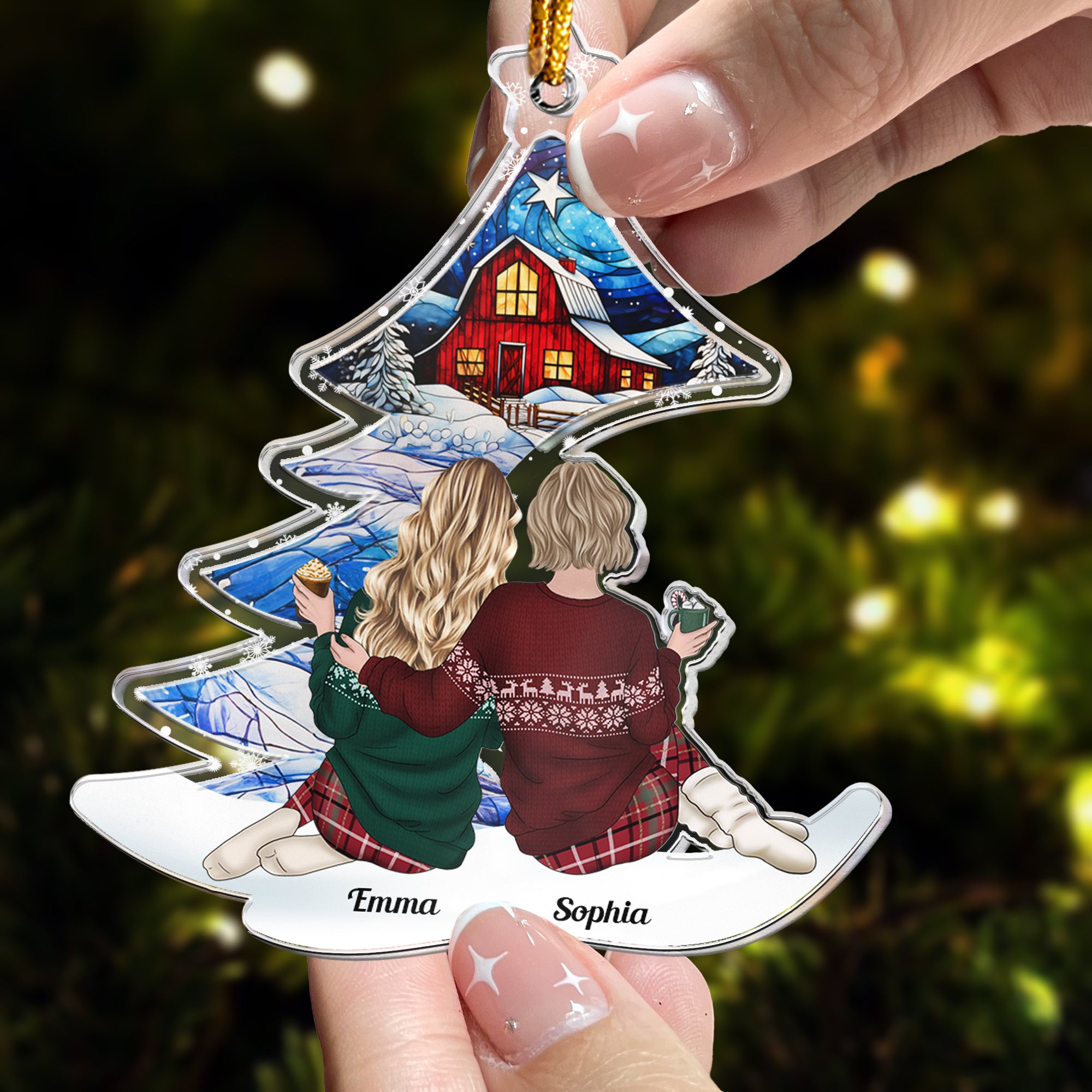 Friends Besties, Family Sitting Under Christmas Tree - Personalized Acrylic Ornament