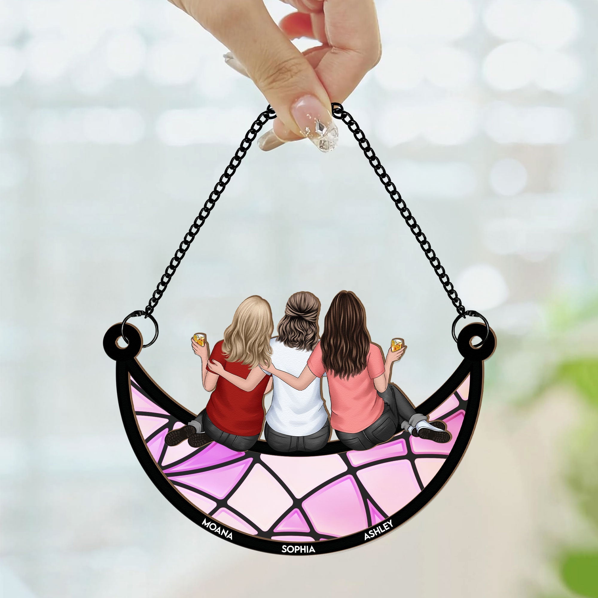 Friends, Sisters Sitting On The Moon - Personalized Window Hanging Suncatcher Ornament - Gifts For Women