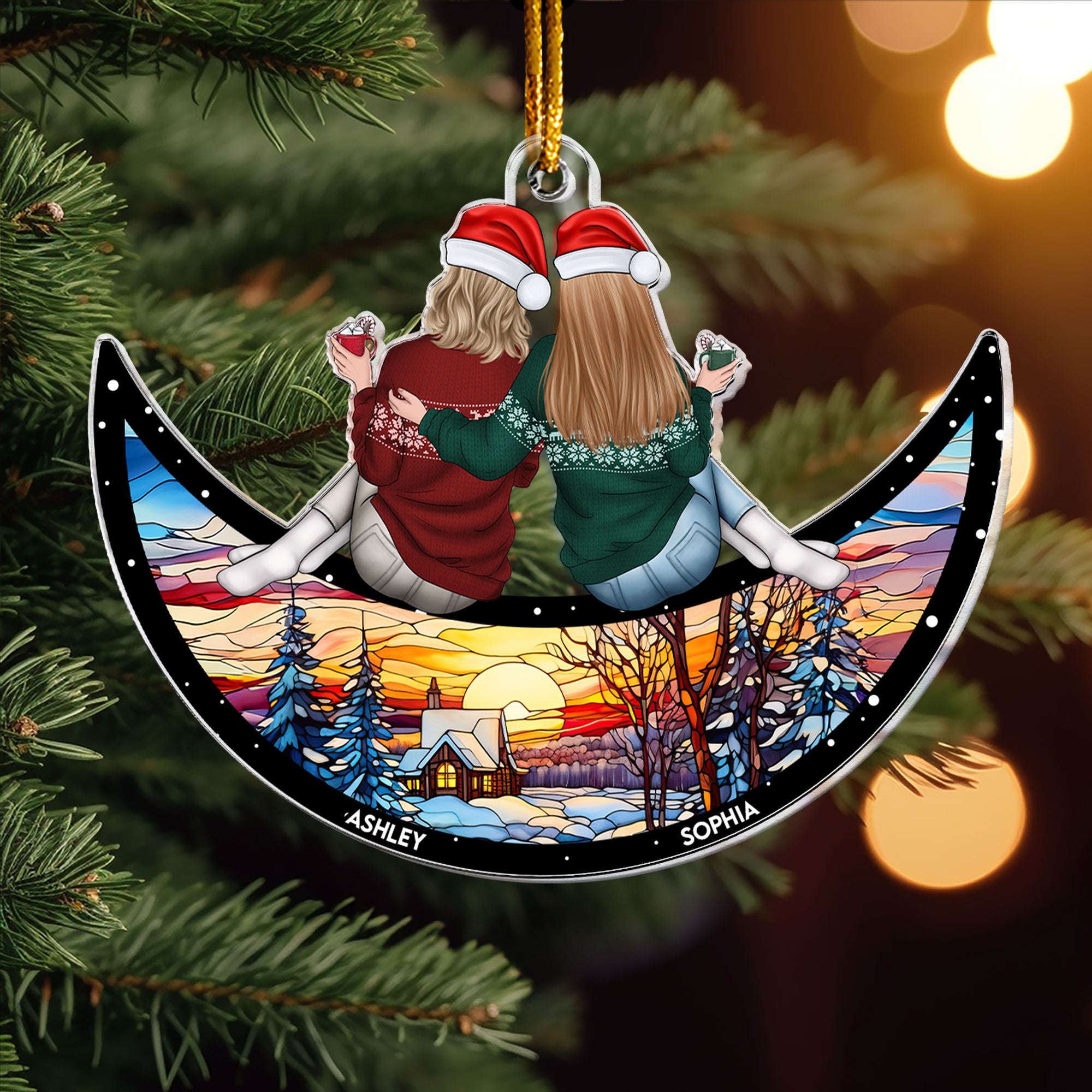 Sisters, Friends Sitting Together - Christmas Time - Personalized Acrylic Ornament