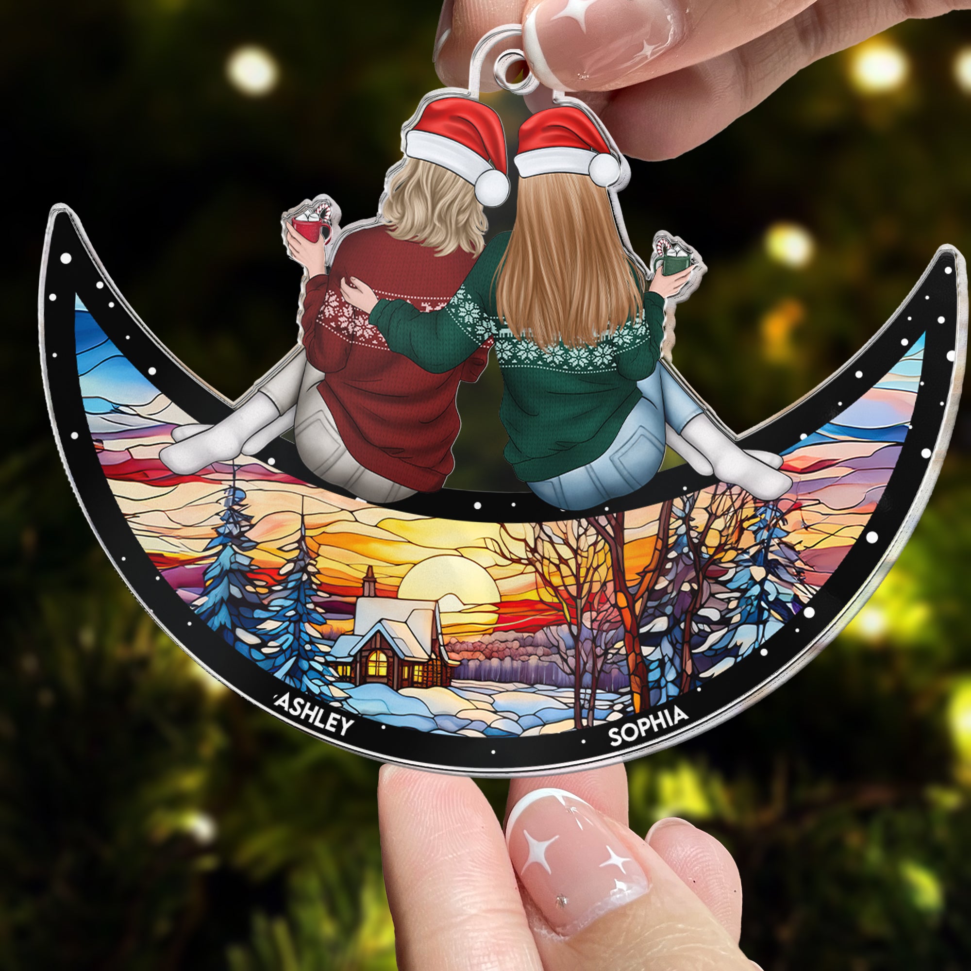 Sisters, Friends Sitting Together - Christmas Time - Personalized Acrylic Ornament