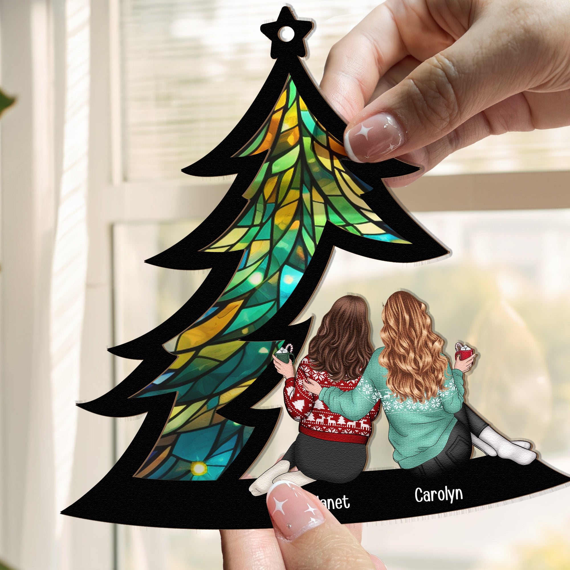 Friends Sitting Under Christmas Tree - Personalized Window Hanging Suncatcher Ornament