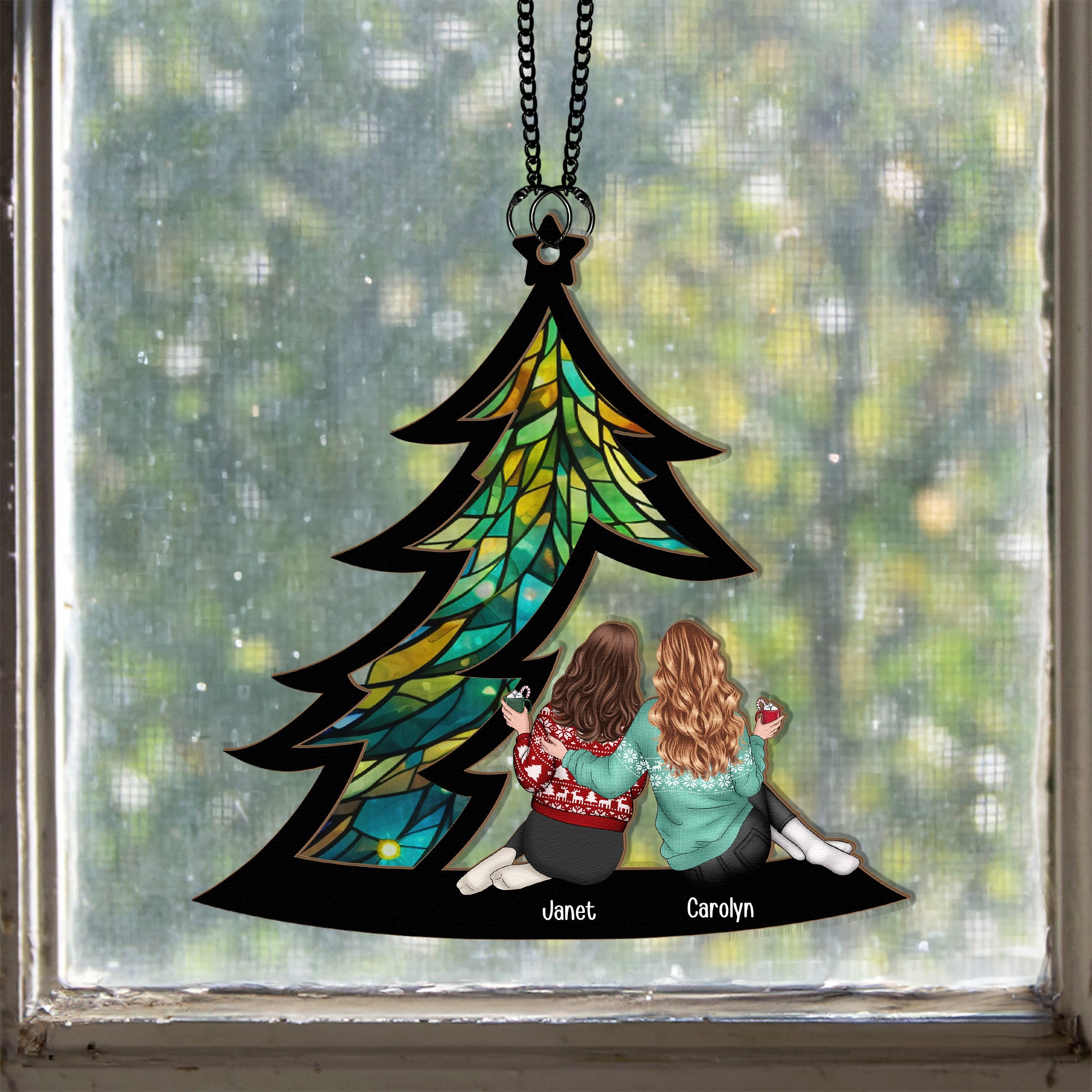 Friends Sitting Under Christmas Tree - Personalized Window Hanging Suncatcher Ornament