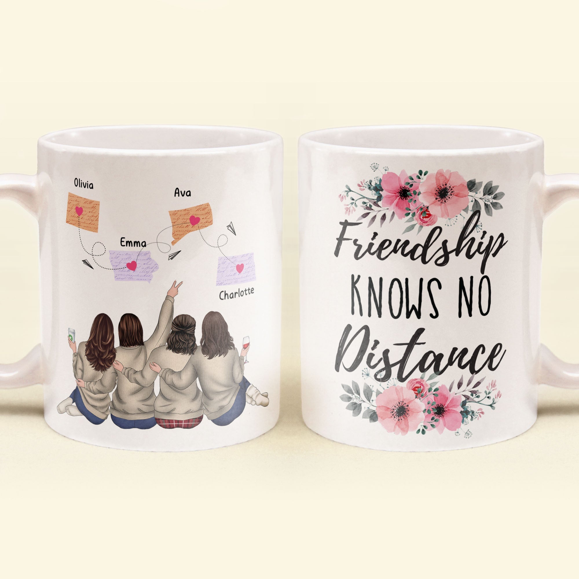 Friendship Knows No Distance - Personalized Mug - Birthday, Long Distance Friendship Gift For Sister, Soul Sister, Best Friend, BFF, Bestie, Friend - State Girls