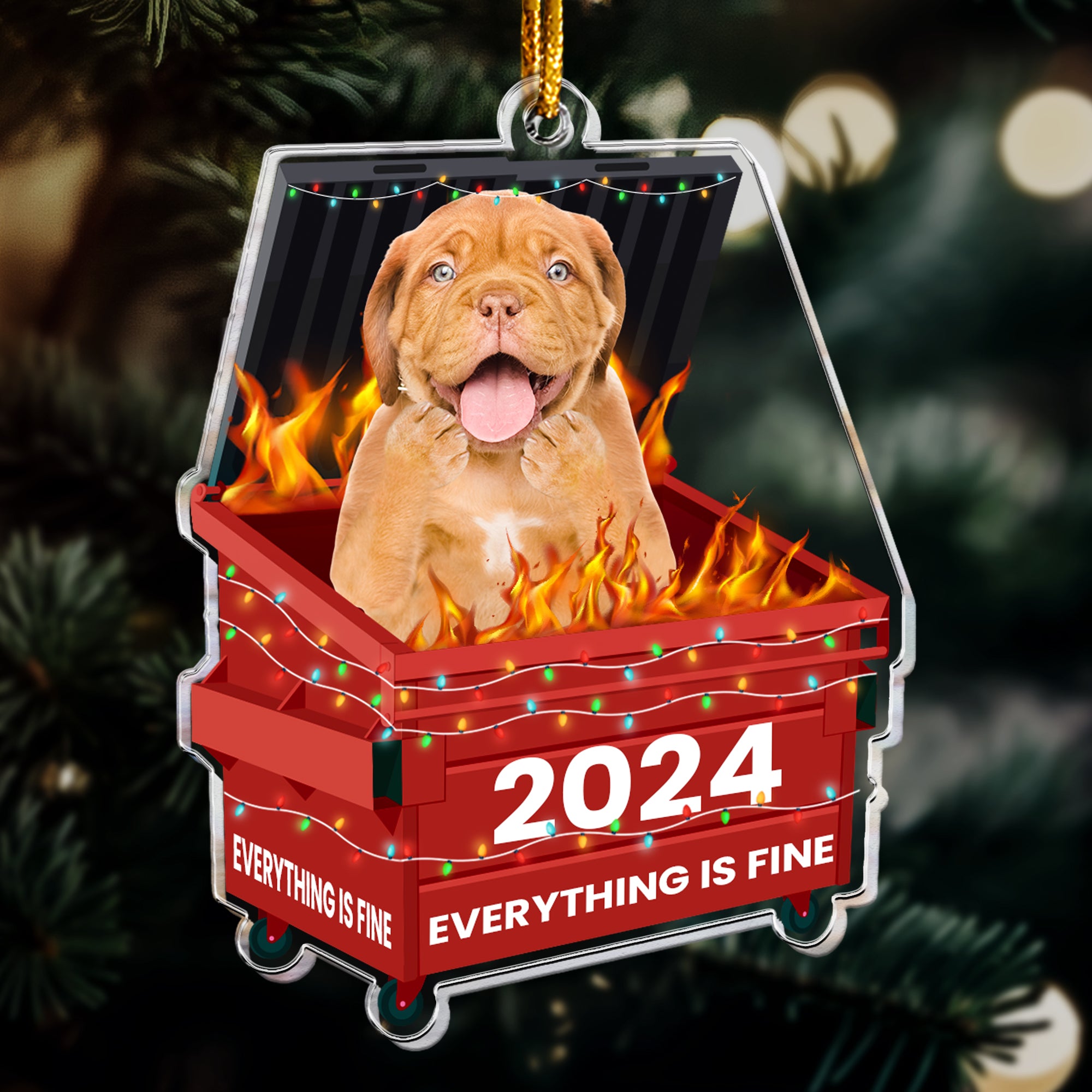 Fun Ornament Upload Photo - 2024 Dumpster On Fire - Everything Is Fine - Personalized Acrylic Photo Ornament