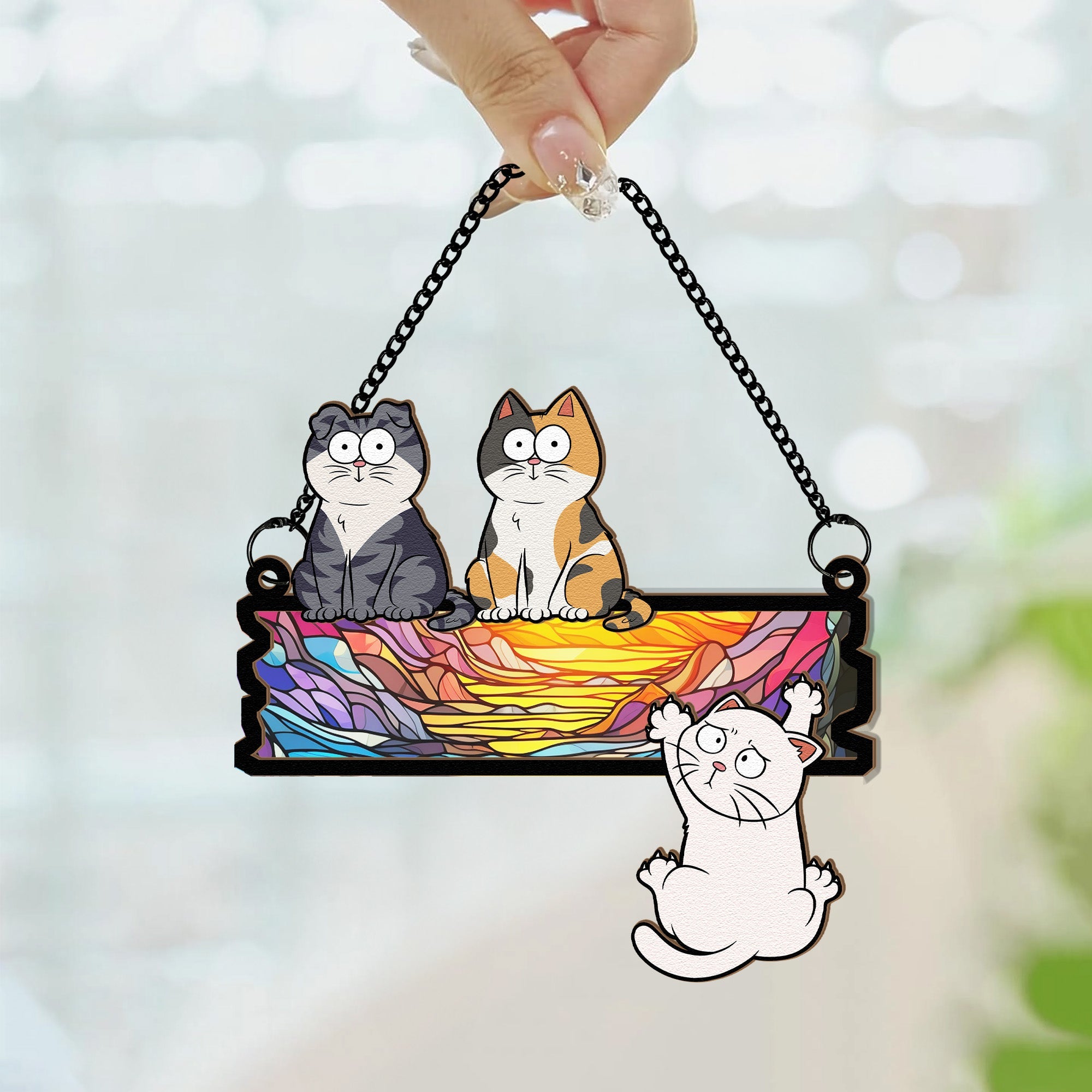 Funny Cats Hanging On Wooden Sign- Personalized Window Hanging Suncatcher Ornament