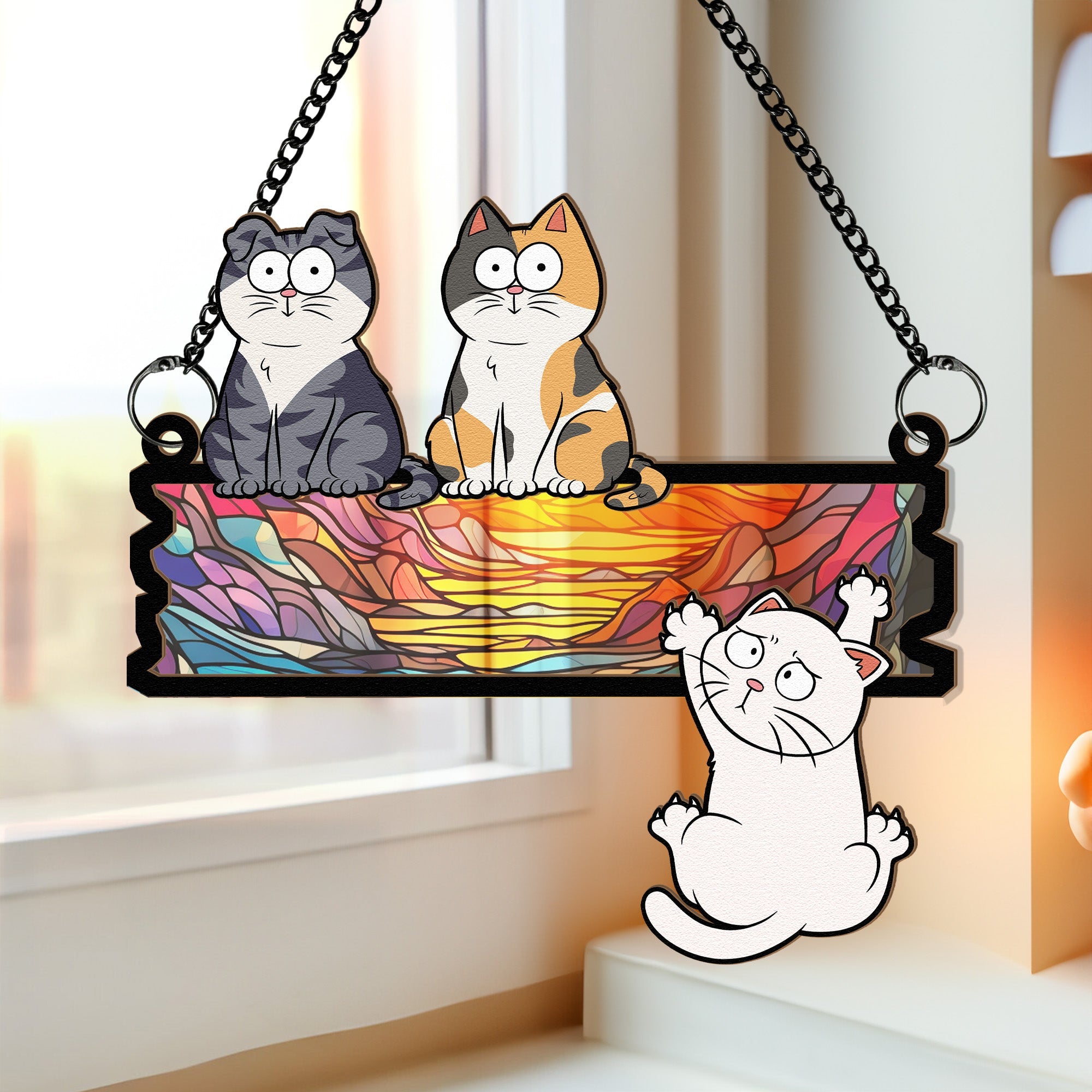 Funny Cats Hanging On Wooden Sign- Personalized Window Hanging Suncatcher Ornament