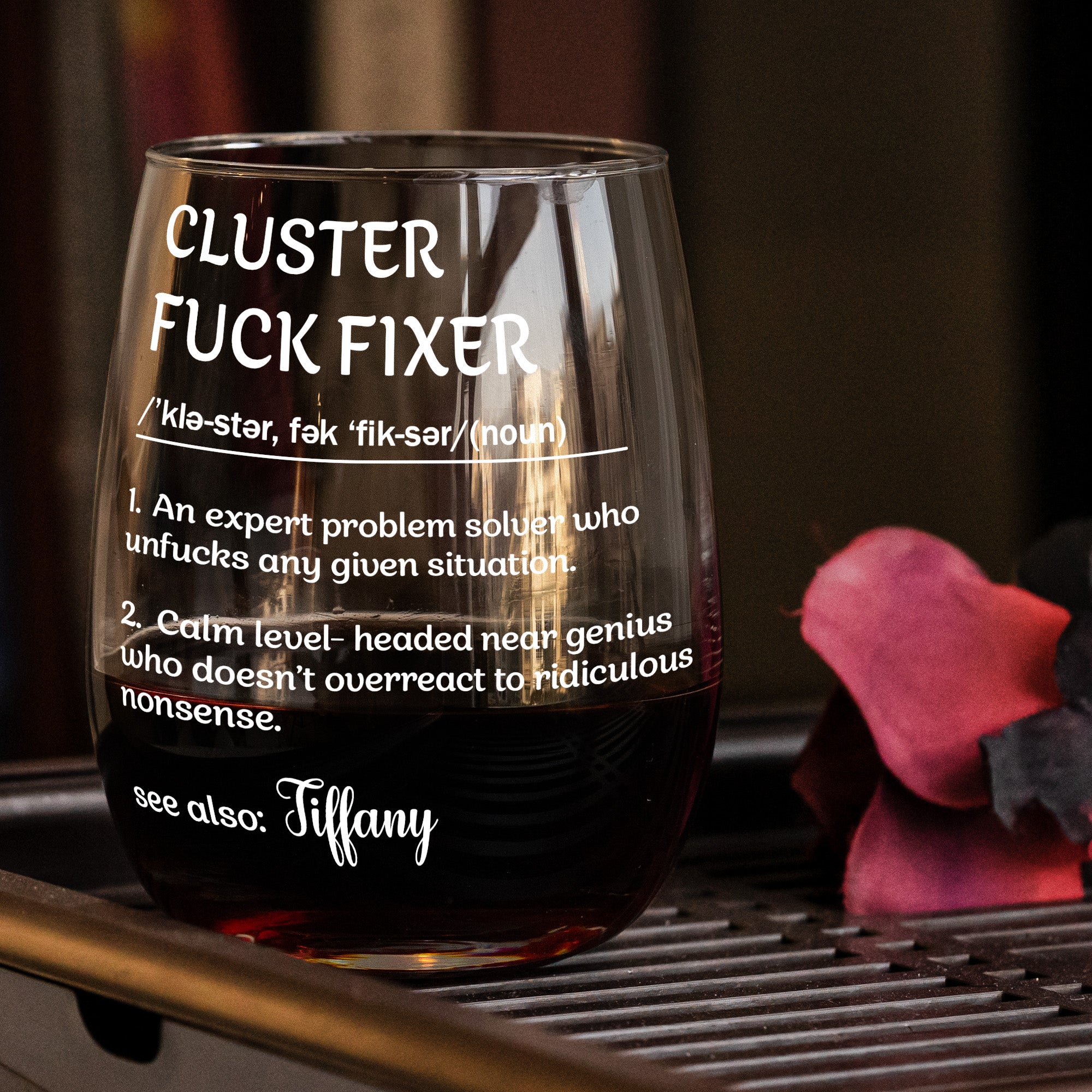 Funny Cup - Gifts For Boss, Coworkers, Work Besties - Cluster F*Cker - Custom Name - Personalized Stemless Wine Glass