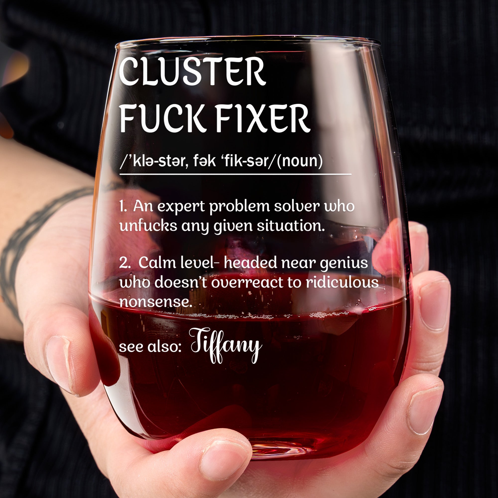 Funny Cup - Gifts For Boss, Coworkers, Work Besties - Cluster F*Cker - Custom Name - Personalized Stemless Wine Glass