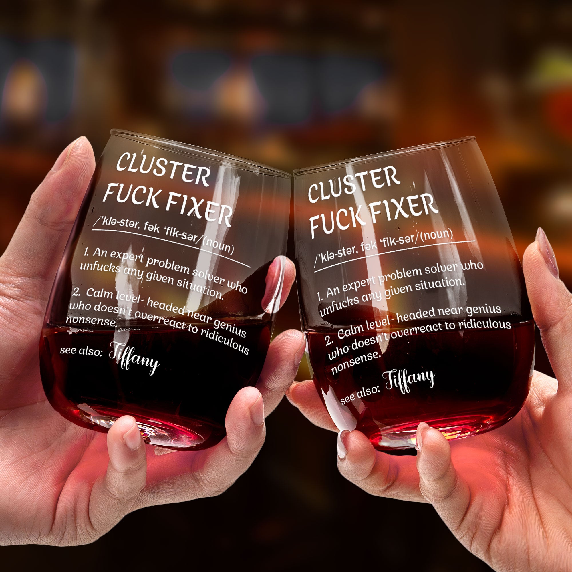 Funny Cup - Gifts For Boss, Coworkers, Work Besties - Cluster F*Cker - Custom Name - Personalized Stemless Wine Glass