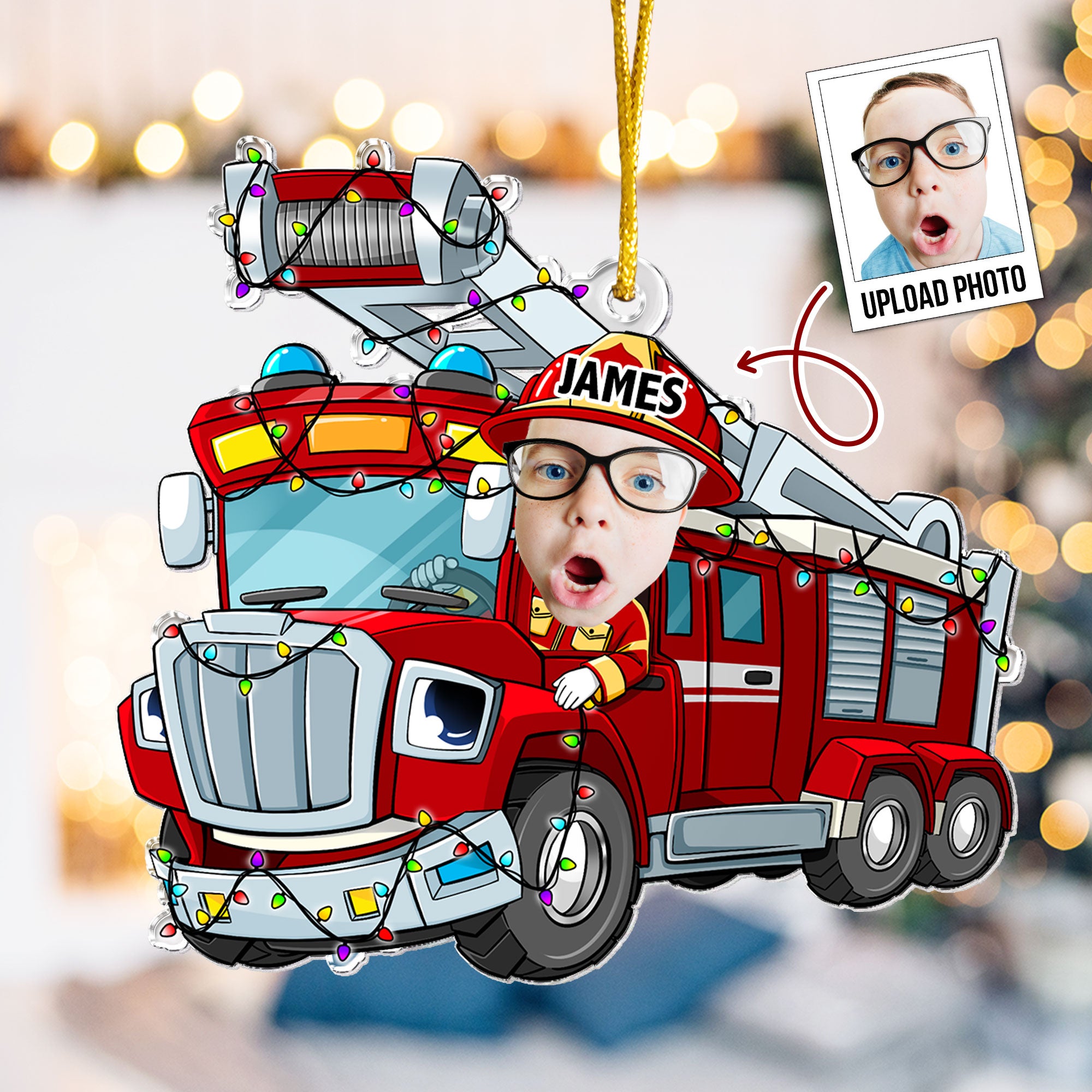 Funny Fire Truck Custom Kid Face - Personalized Acrylic Photo Ornament