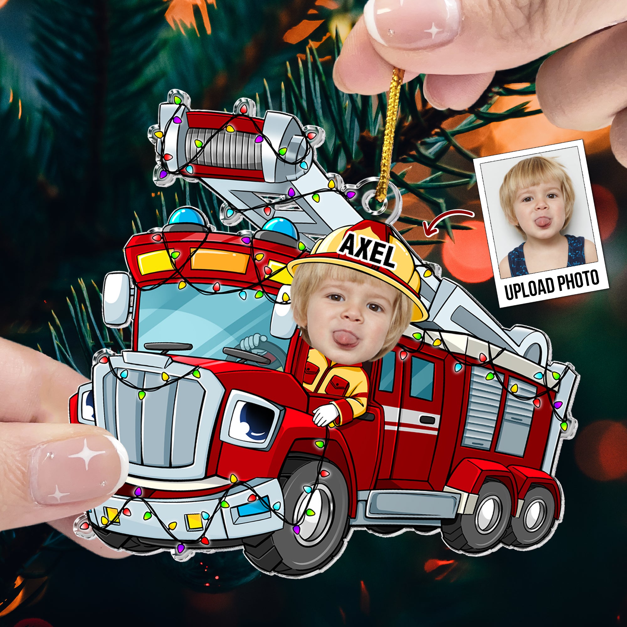 Funny Fire Truck Custom Kid Face - Personalized Acrylic Photo Ornament