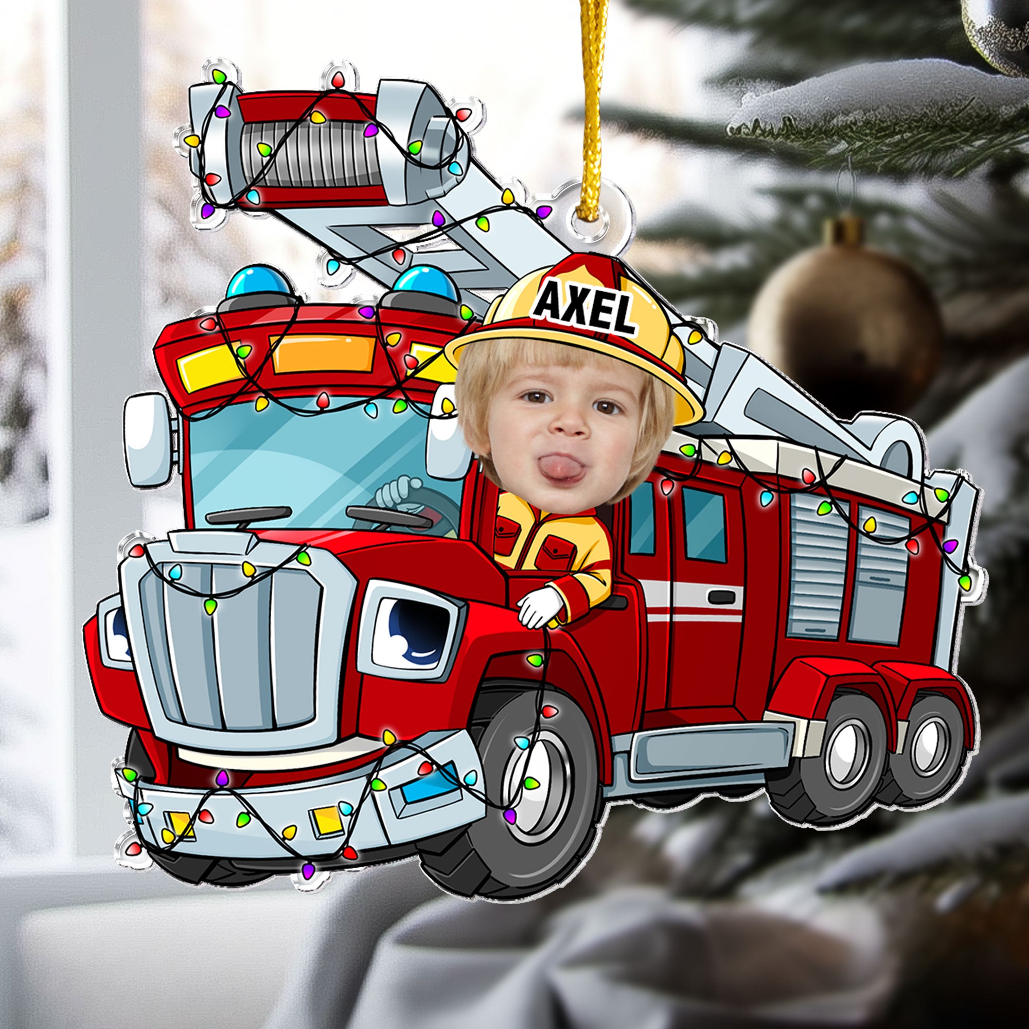 Funny Fire Truck Custom Kid Face - Personalized Acrylic Photo Ornament