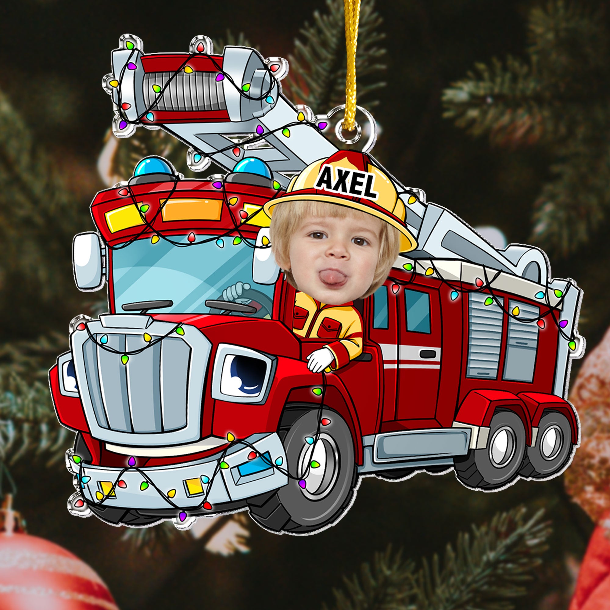 Funny Fire Truck Custom Kid Face - Personalized Acrylic Photo Ornament