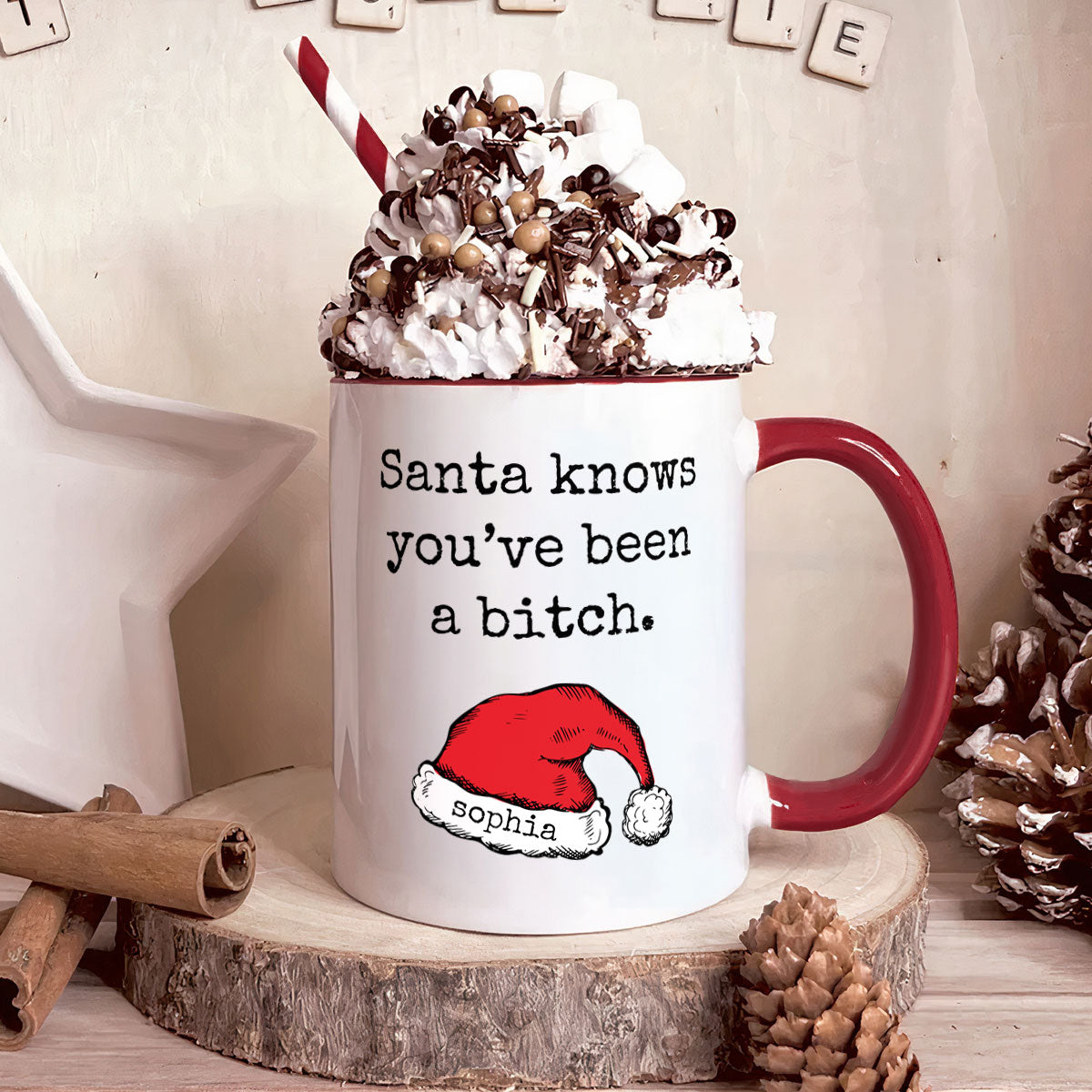 Funny Santa Coffee Red Handle Mug Rude Christmas - Sarcastic Gifts - Personalized Accent Mug